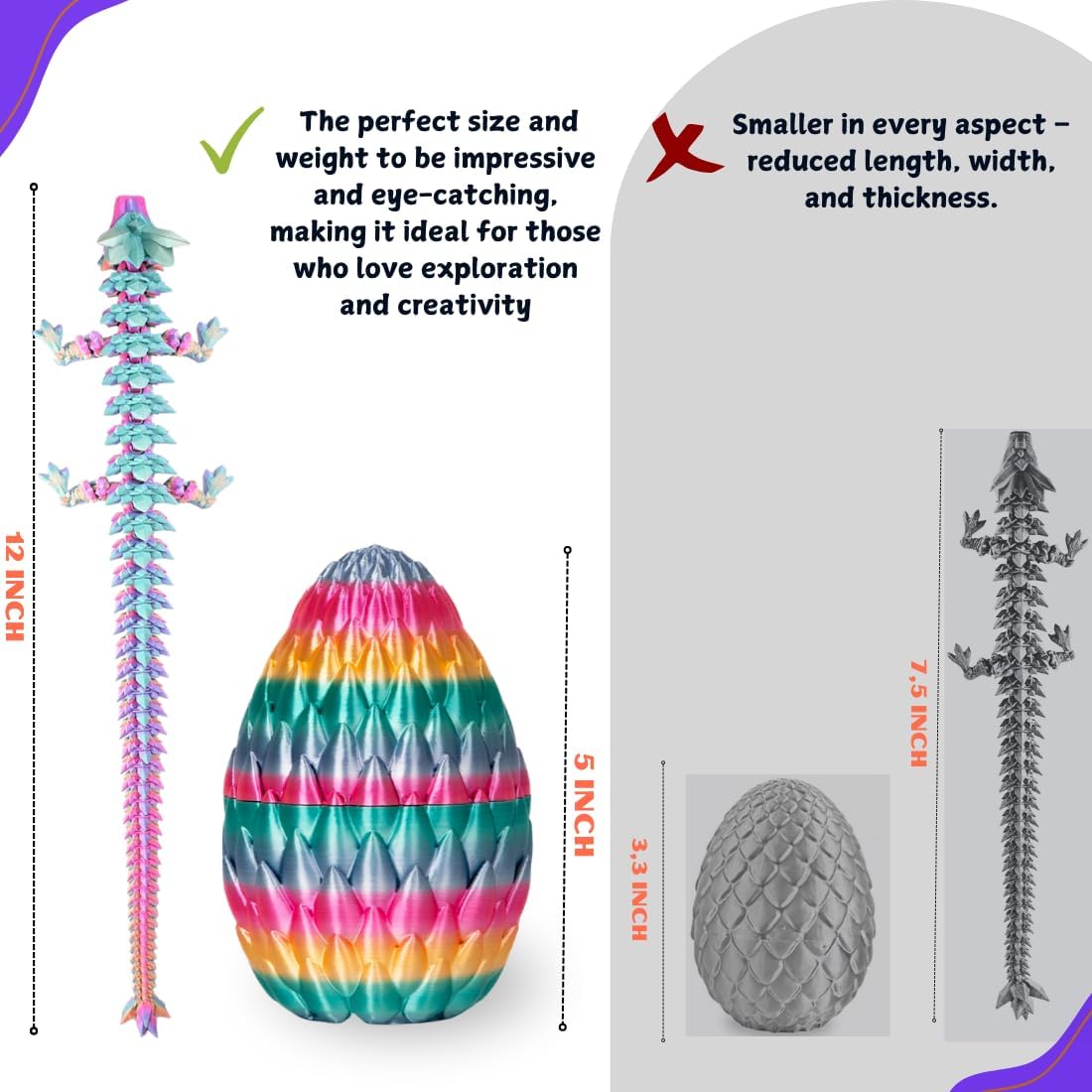 3PCS 3D Printed 12” Articulated Crystal Dragon Inside 5.1” Egg – Fantasy Collectible, Fidget Toy & Stocking Easter Basket Stuffers for Home & Office Decor (3pcs - Rainbow)