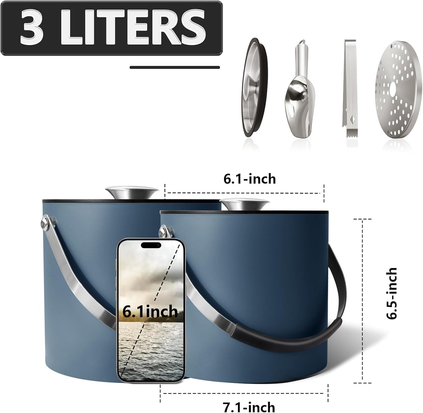 3L Ice Bucket with Silicone Lid, Scoop, Tongs & Strainer, Stainless Steel Double Wall Insulated Ice Buckets for Parties & Cocktail Bar, Outdoor Champagne Ice Container Bin, Navy