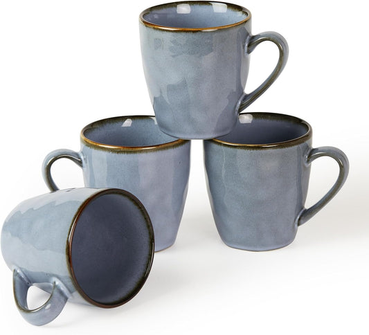 famiware Coffee Mugs Set of 4, Ocean Round 11.5oz Coffee Cup Set with Handle for Cocoa, Milk, Hot Chocolate, Tea or Water, Stoneware Cups for Kitchen, Reactive Glaze, Microwave Dishwasher Safe, Blue