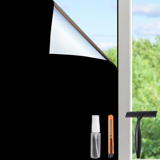 HIDBEA Mirror Blackout Window Film,100% Light Blocking Room Darkening Window Privacy Film,Mirror Glass Window Film Heat Control,Removable Window Cover Tint for Day Sleep(Mirror Black,23.6in x 6.5ft)