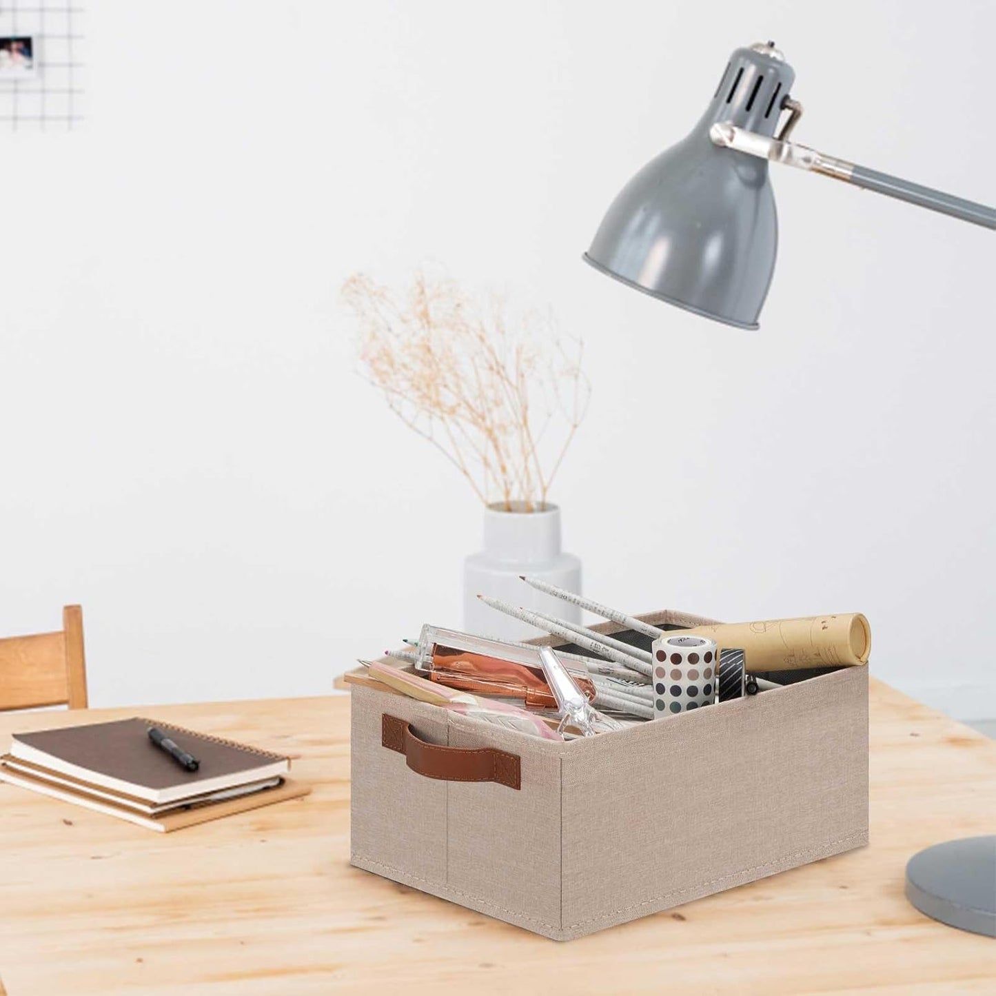 GhvyenntteS Small Fabric Storage Bins 6 Pack, 11.8" x 7.87" x 5.11" Storage Basket with Leather Handles, Closet Storage Bins for Shelves, Storage Baskets for Shelves, DVD Storage (Beige Yellow)