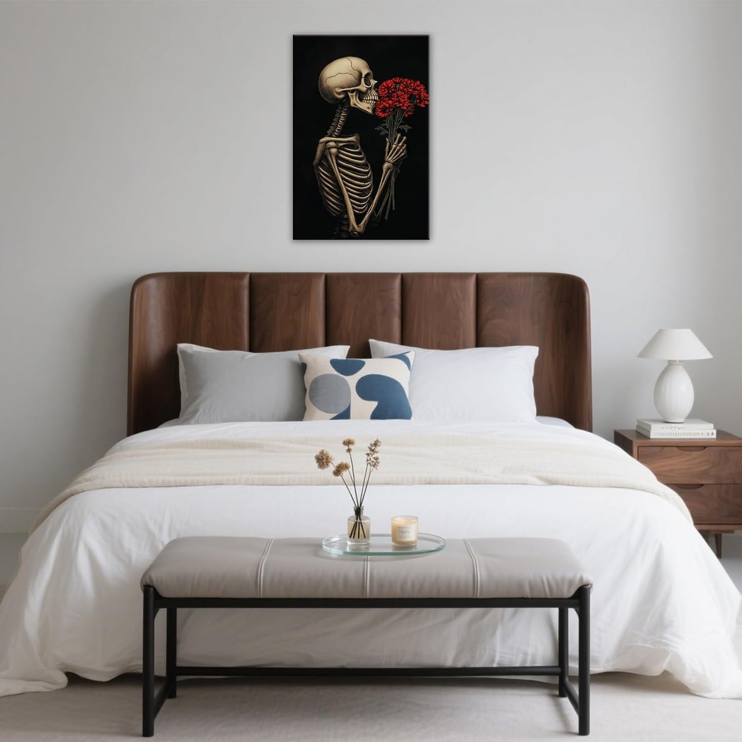 OAAPITI Red Rose Skull Wall Art Dark Themed Skeleton Painting Modern Artwork for Gothic Home Decor(Artwork-5,20"x30")