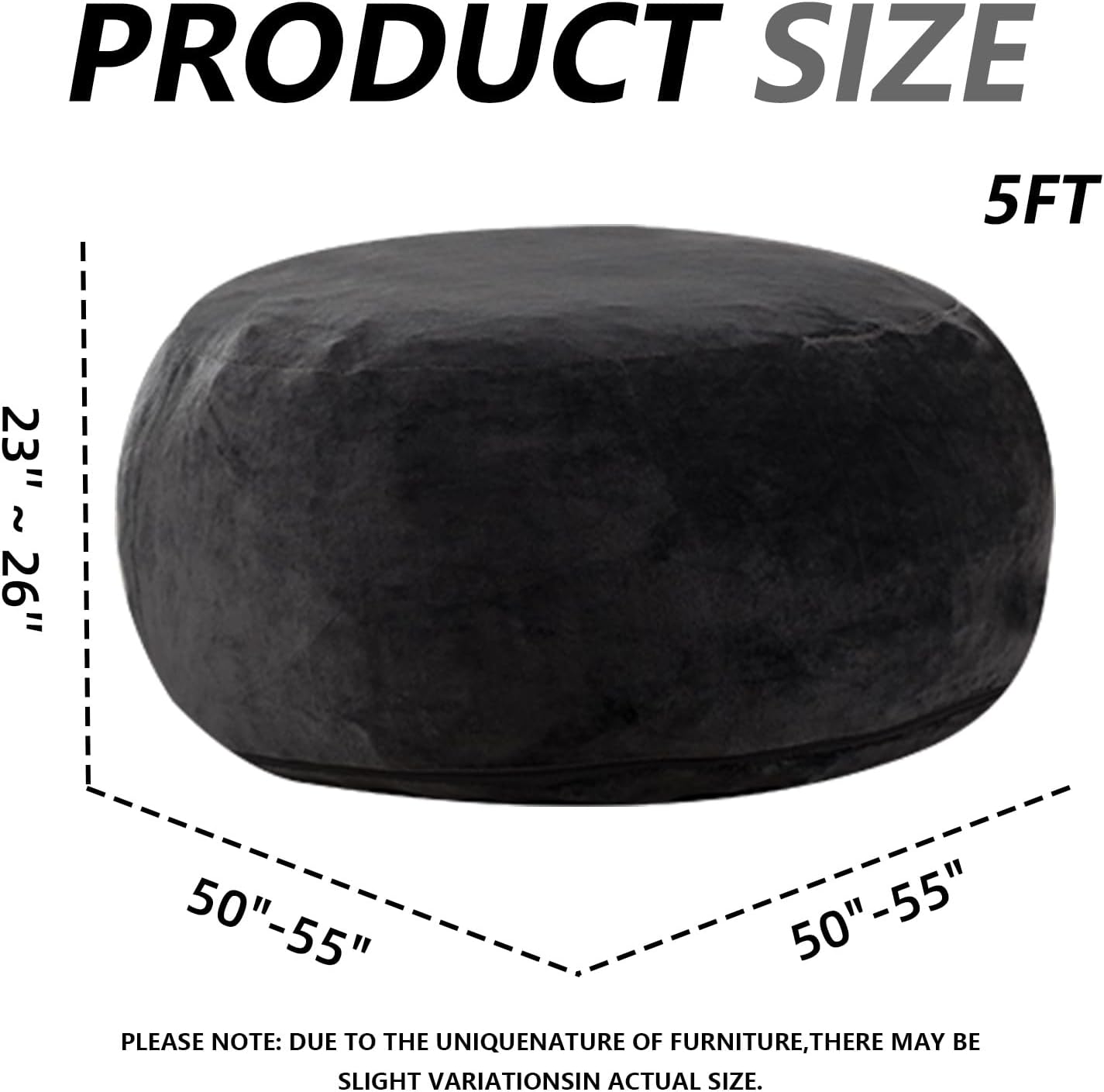 5FT，Big Bean Bag Chairs for Adults，Large beanbag with Filler Included，Memory Foam Material，Easy to Clean and Washable Corduroy Fabric，Suitable for Living Room and Bedroom (Black, 5 Foot)