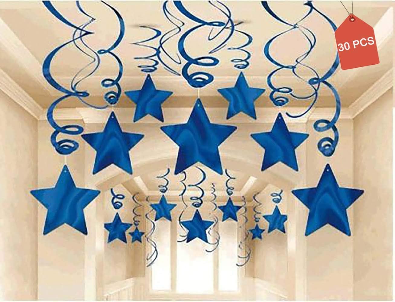 Party Swirl Decorations, Hanging Swirl for Ceiling Decorations, Blue with Star, Pack of 30