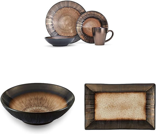 Gourmet Basics by Mikasa Verona 16-Piece Dinnerware Set & Cream Serving Bowl, 9 Inch & Cream Rectangular Platter, 13.75 Inch