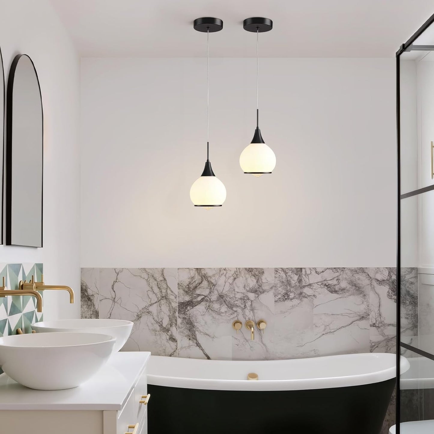 Pendant Light Fixtures Kitchen: 2 Pack Modern Black Island Light with Clear Glass - 6 Inch Mid Century Globe Kitchen Lighting Chandeliers Ceiling for Hallway Bar