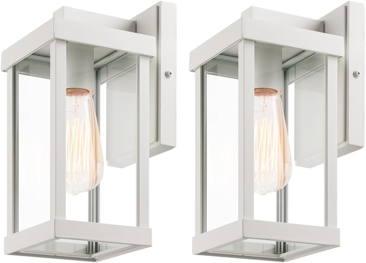 mirrea 11" Classic Outdoor Wall Sconce 1 Light in Rectangular Metal Frame and Clear Glass Shade Waterproof Porch Light Patio Light Pack of 2 (Matte White)
