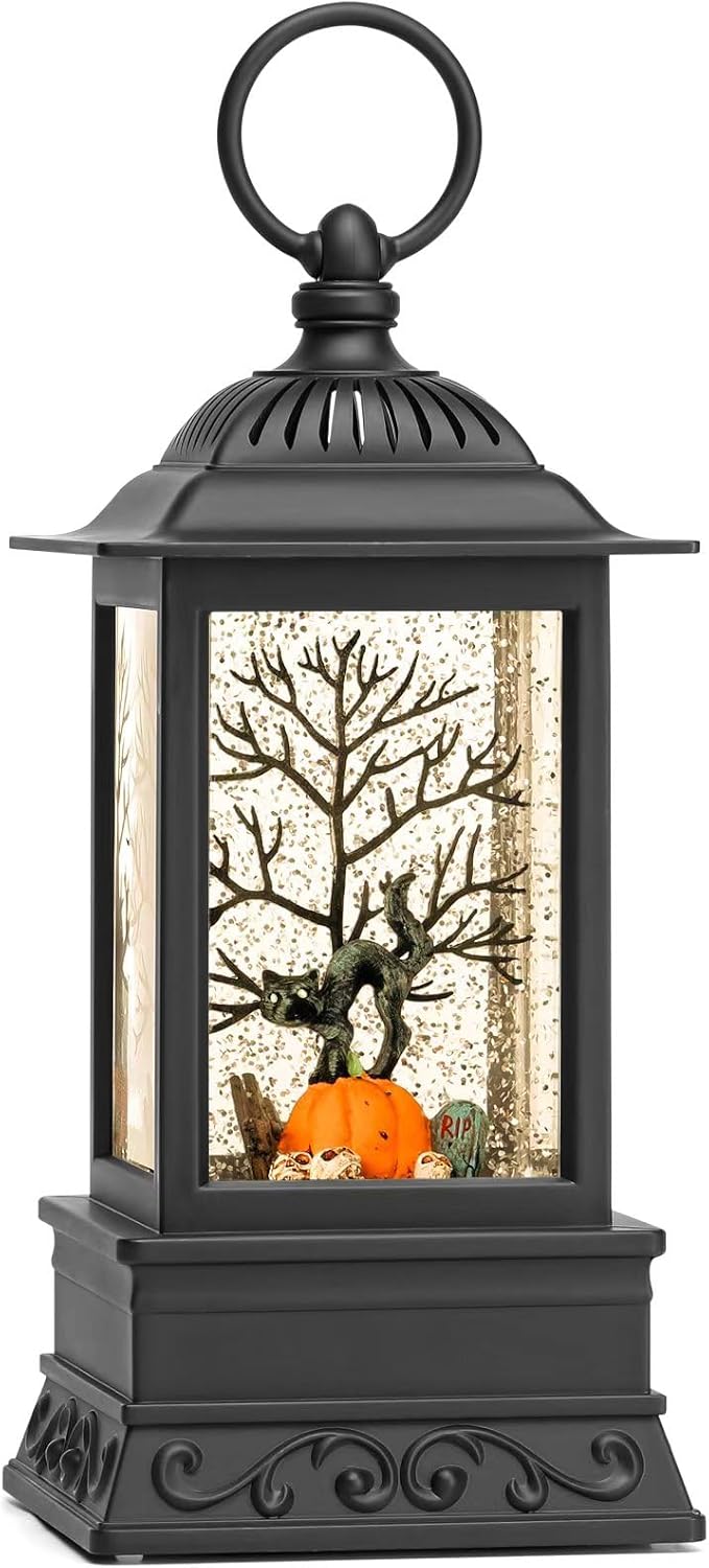 Halloween Snow Globe Black Cat Lantern, Glitter Lighted Snow Globes Halloween Decorations for Home, Light Up Snowglobe Halloween Décor