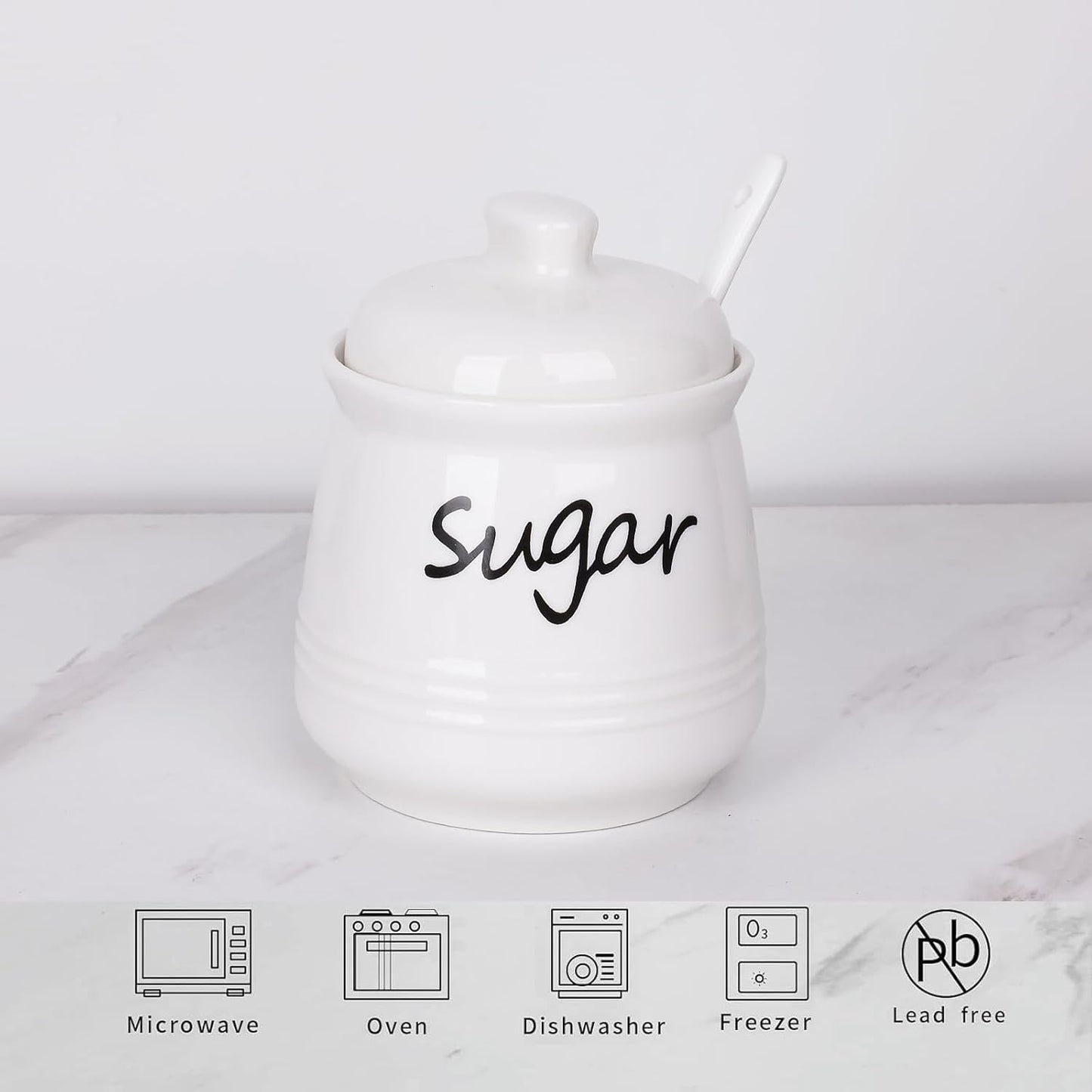 HAOTOP 12oz Sugar Bowl with Lid and Spoon,Ceramic Sugar Jar Sugar Dispenser Sugar Container Coffee Bar Accessories, Kitchen Countertop Canisters, White