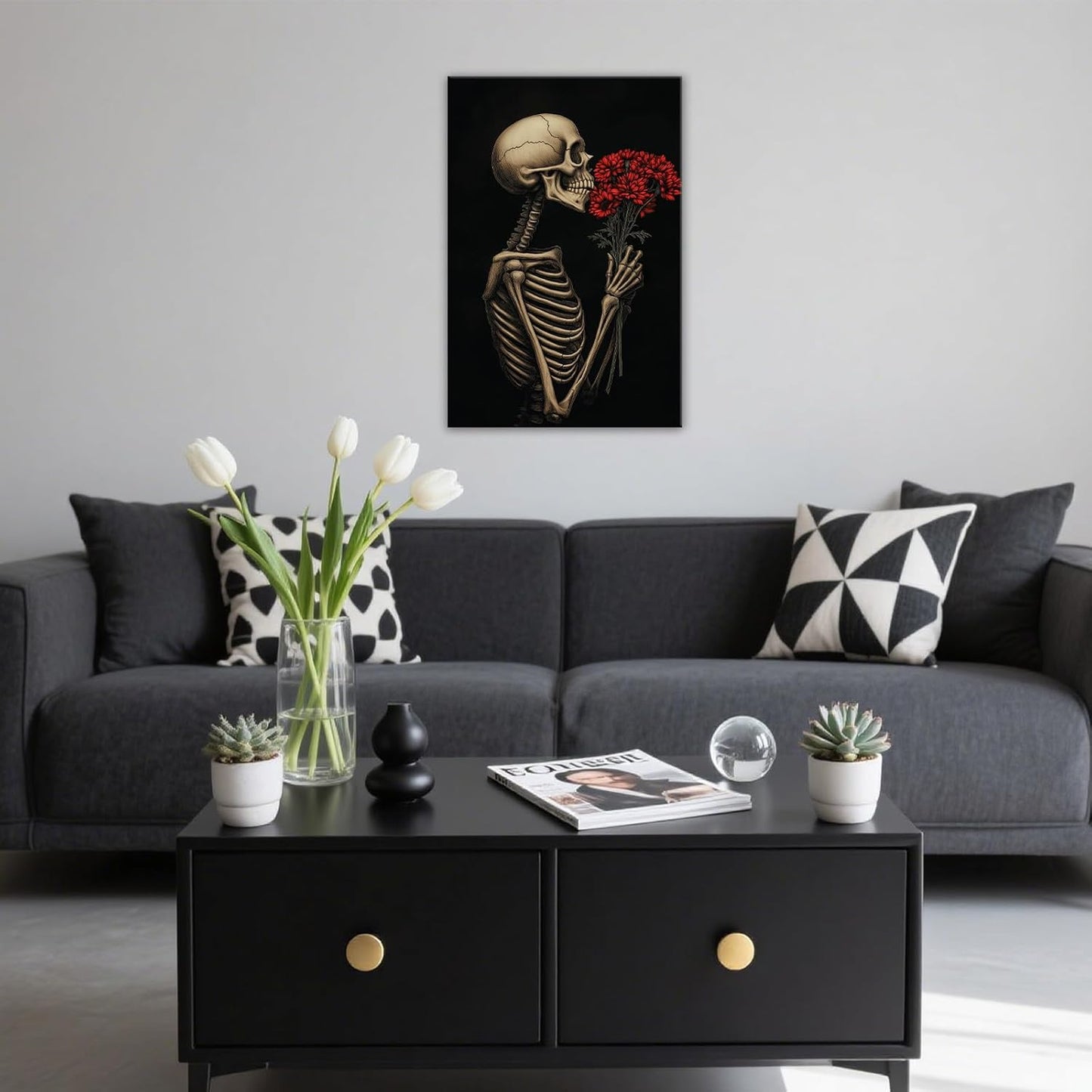 OAAPITI Red Rose Skull Wall Art Dark Themed Skeleton Painting Modern Artwork for Gothic Home Decor(Artwork-5,20"x30")
