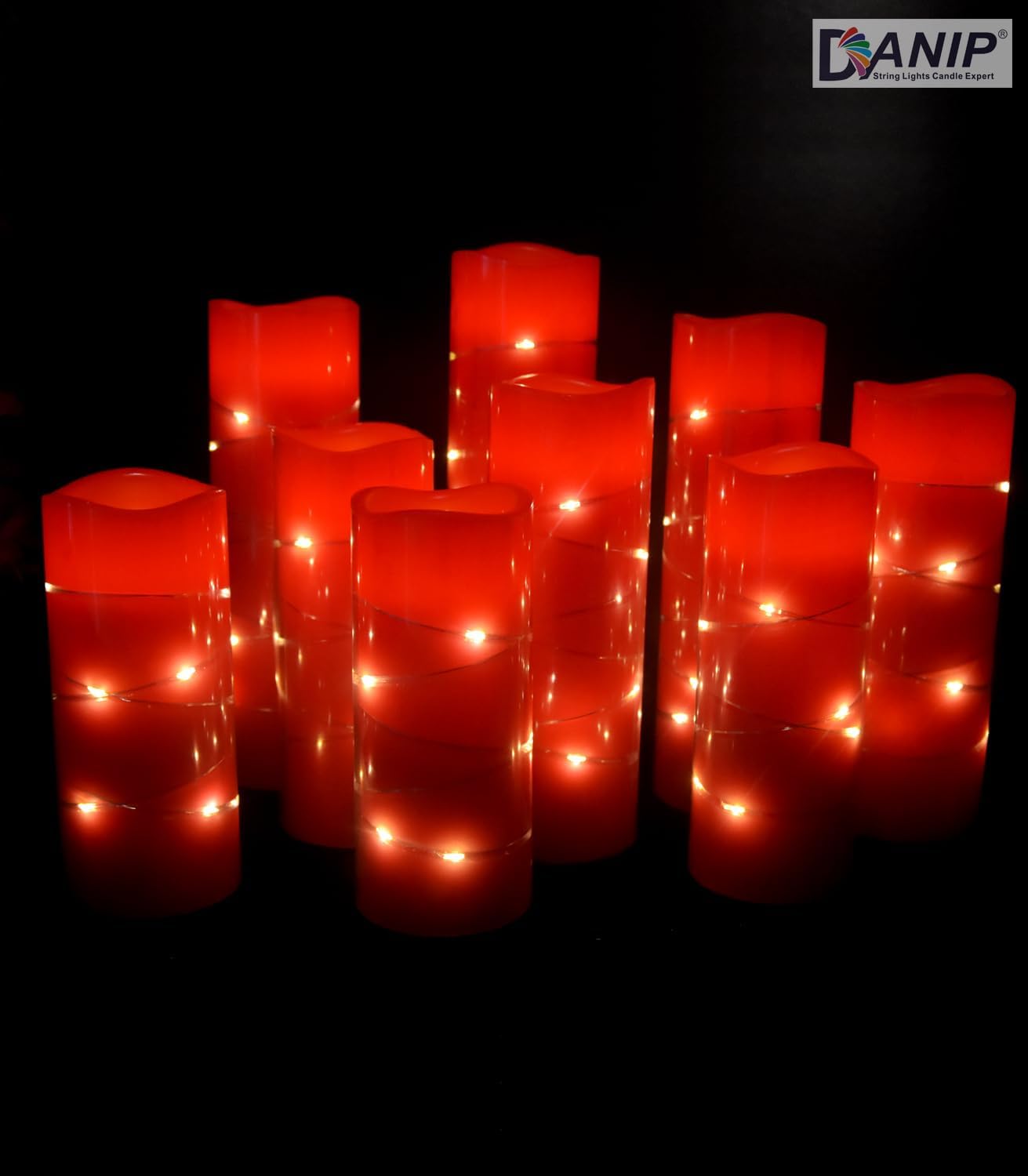 danip red flameless Candle, Built-in Star Cluster, 9 LED Candles, 11 Button Remote Control, 24-Hour Cycle Timer, Flashing Flame, Real Wax, Battery Powered. (Starry Sky Series)