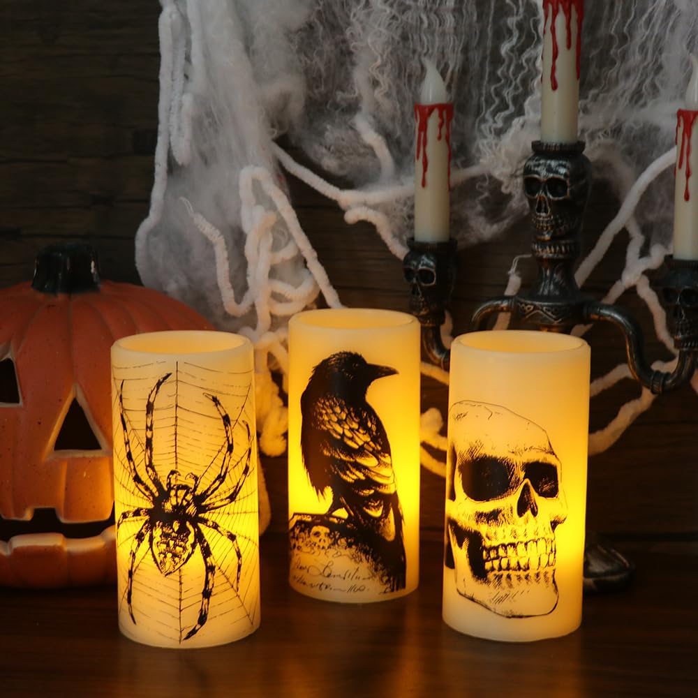 Halloween Flameless Candles with 6H Timer, LED Pillar Candles mit Skull, Spider Web, Crow Raven Decals Set of 3, Battery Operated Real Wax Candles, Halloween Decor Horror Gothic Punk