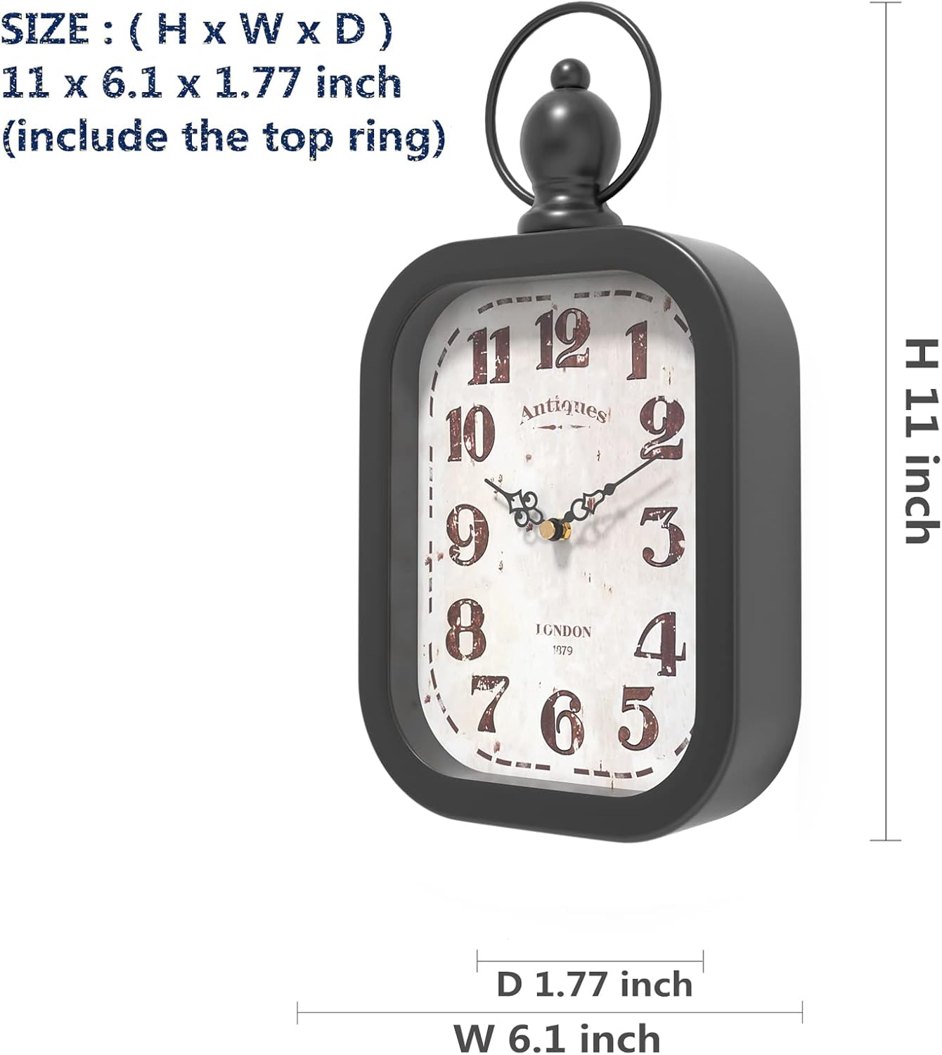 Menterry Small Retro Rectangle Wall Clock, Black Antique Vintage Style Decor Wall Clocks for Farmhouse,Bedroom,Kitchen,Bathroom (11" H x 6.1" W)