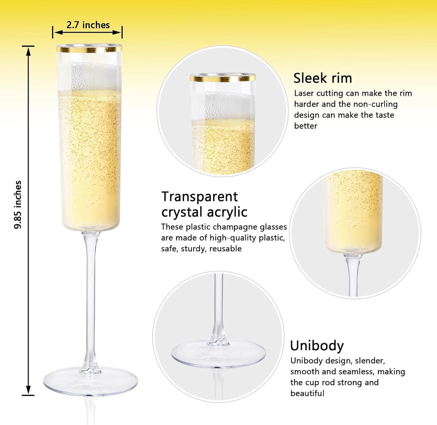 Ciaell 24 Pack Plastic Champagne Flutes - 6Oz Gold Rim Disposable Champagne Glasses - Square Clear Plastic Toasting Glasses for Party Birthday Anniversary Wedding