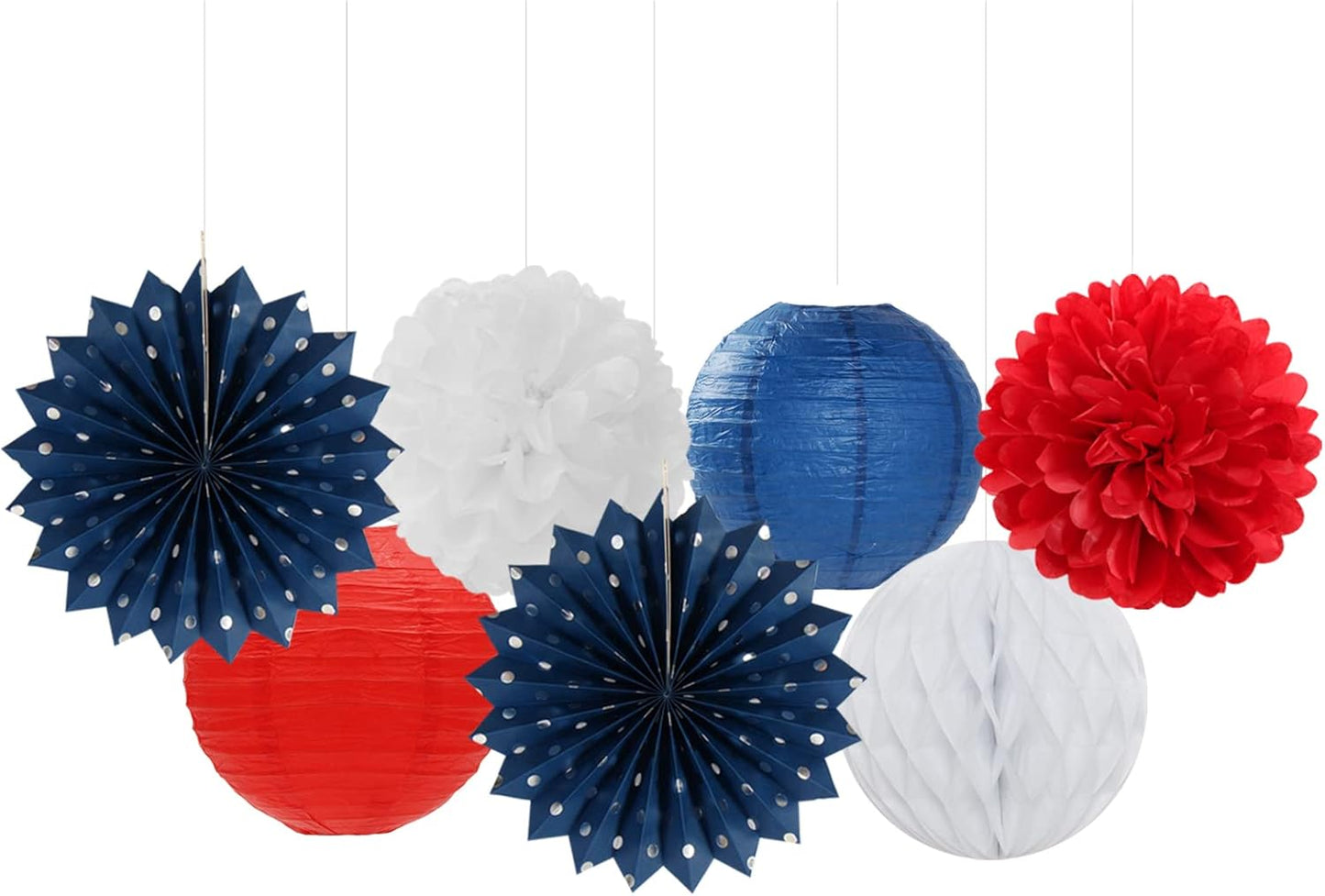 Fourth-4th of July-Imemorial Party-Decorations Lanterns - 14pcs Red White Blue Graduation Paper Streamers Fan,Tissue Pom Poms Streamer,Honeycomb Balls,USA Patriotic America Independence Decor Ouruola