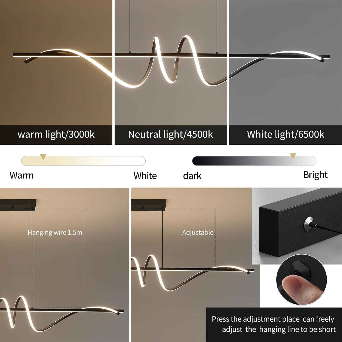 Modern Ceiling Chandelier Light, Anti Flicker Pendant Lamp with Remote Control Dimmable 3 Color Mode & Brightness (Warm Cool Neutral Light) for Kitchen Bar