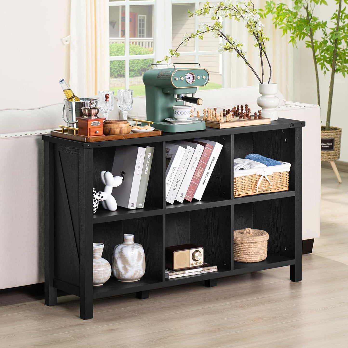 6 Cube Bookcase, Farmhouse Wood Low Storage Organizer Book Shelf, Black 47" Horizontal Console Bookshelf with Legs, Hallway Book Case for Entryway, Display Cabinet for Living Room, Office