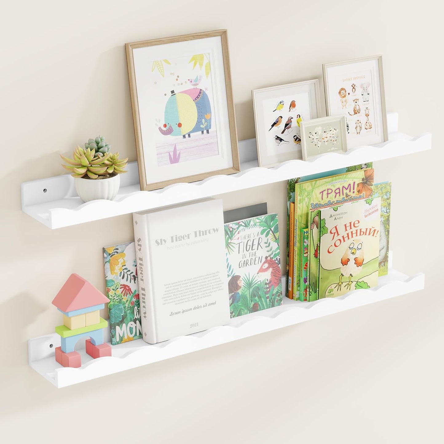Fun Memories Picture Ledge Shelf for Wall, 36 inch Pine Wood Nursery Book Shelves Set of 2- Wall Book Shelves for Kids Room, Home Decor - Kitchen Spice-White