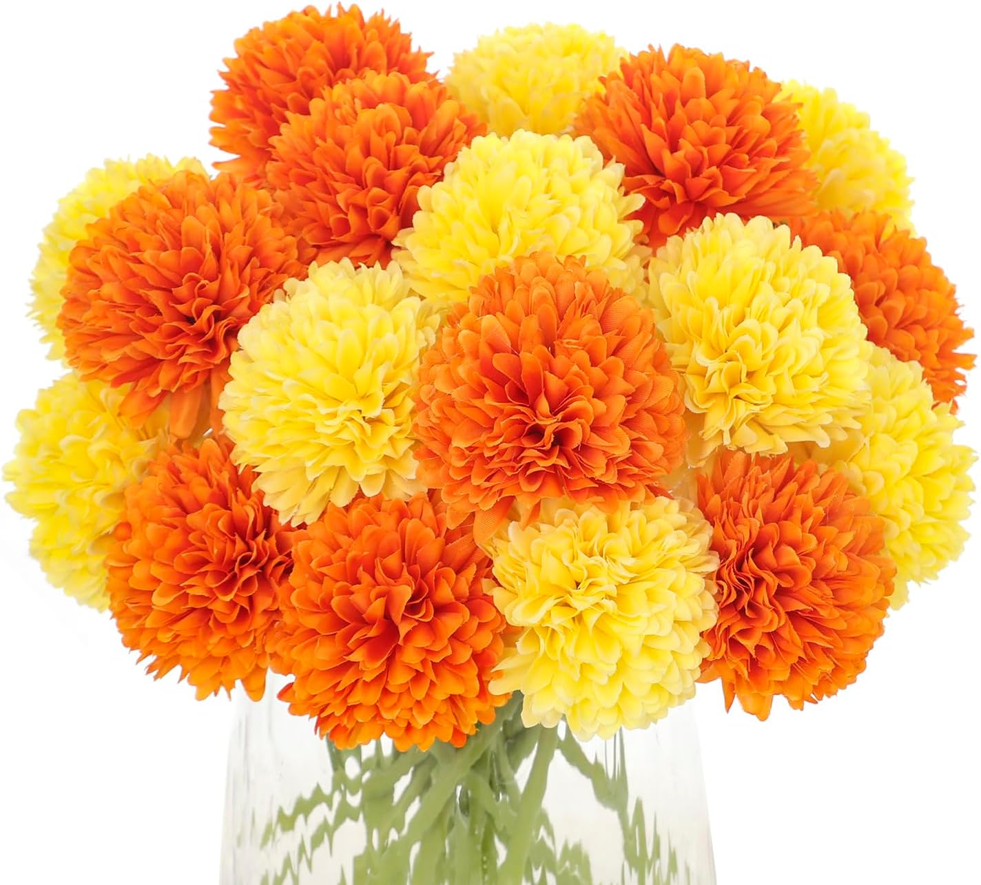 Kimura's Cabin 20Pcs Fake Silk Ball Flowers Artificial Chrysanthemum Faux Mums Bouquets Wedding Arrangements Halloween Home Table DIY Center Decoration (Orange Yellow)
