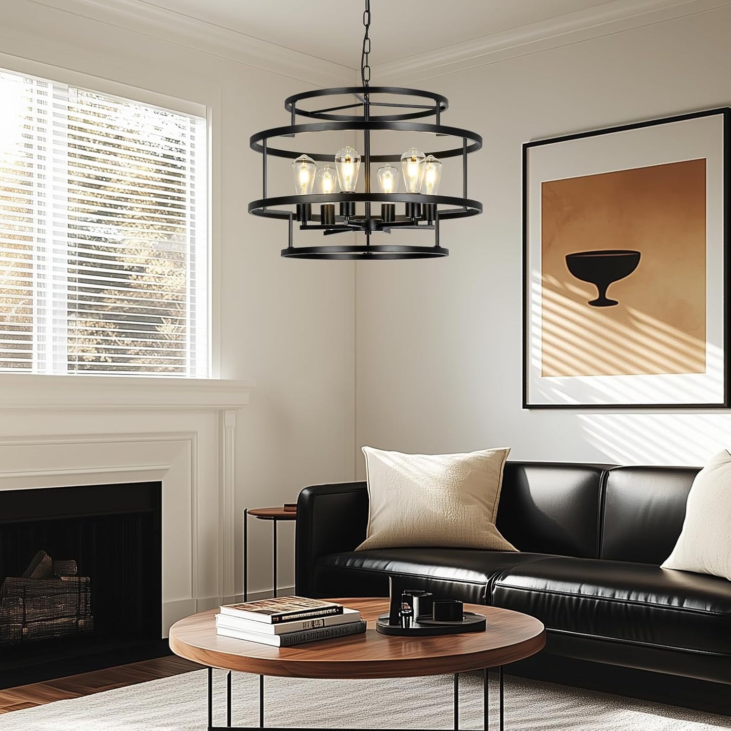 24" Black Chandelier, 6-Light Farmhouse Pendant Light Fixture with Geometric Metal Frame, Modern Industrial Ceiling Hanging Light for Dining Room, Living Room, Bedroom, Kitchen Island, Hallway, Foyer