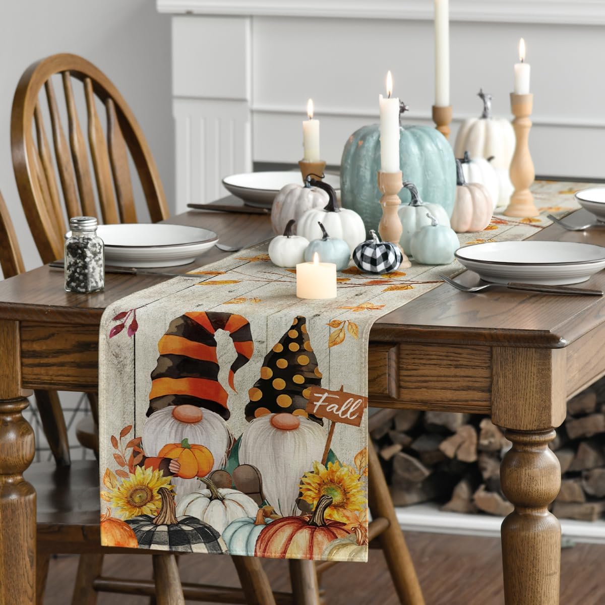 Artoid Mode Wood Gnomes Pumpkins Sunflower Leaves Fall Table Runner, Seasonal Autumn Kitchen Dining Table Decoration for Home Party Decor 13x72 Inch