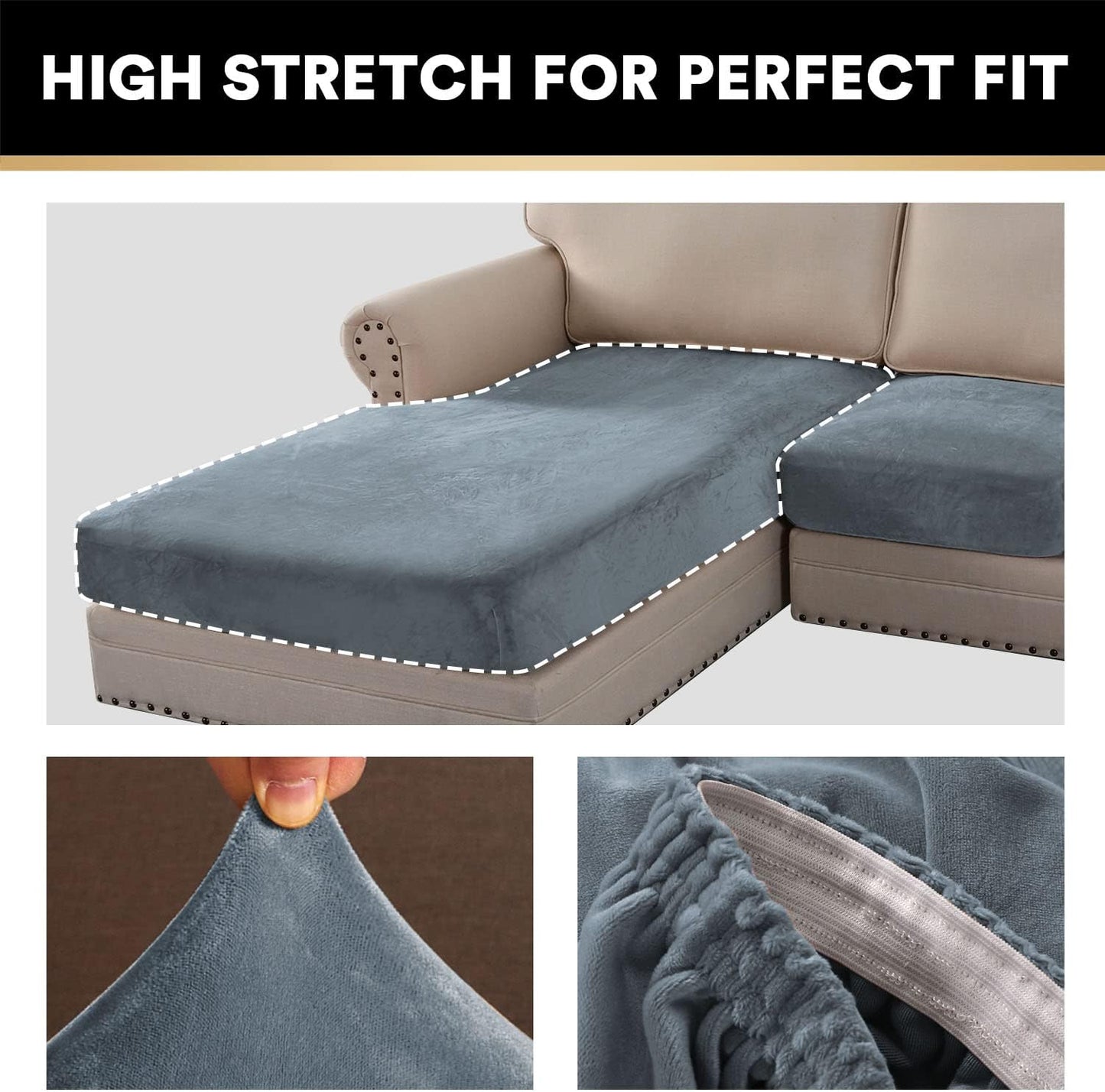 PrinceDeco 4-Piece Sectional Couch Cover Set - Thick Chaise & Couch Cushion Covers with Elastic Band for L-Shape Sofa, 3 Seater + 1 Chaise, Stone Blue