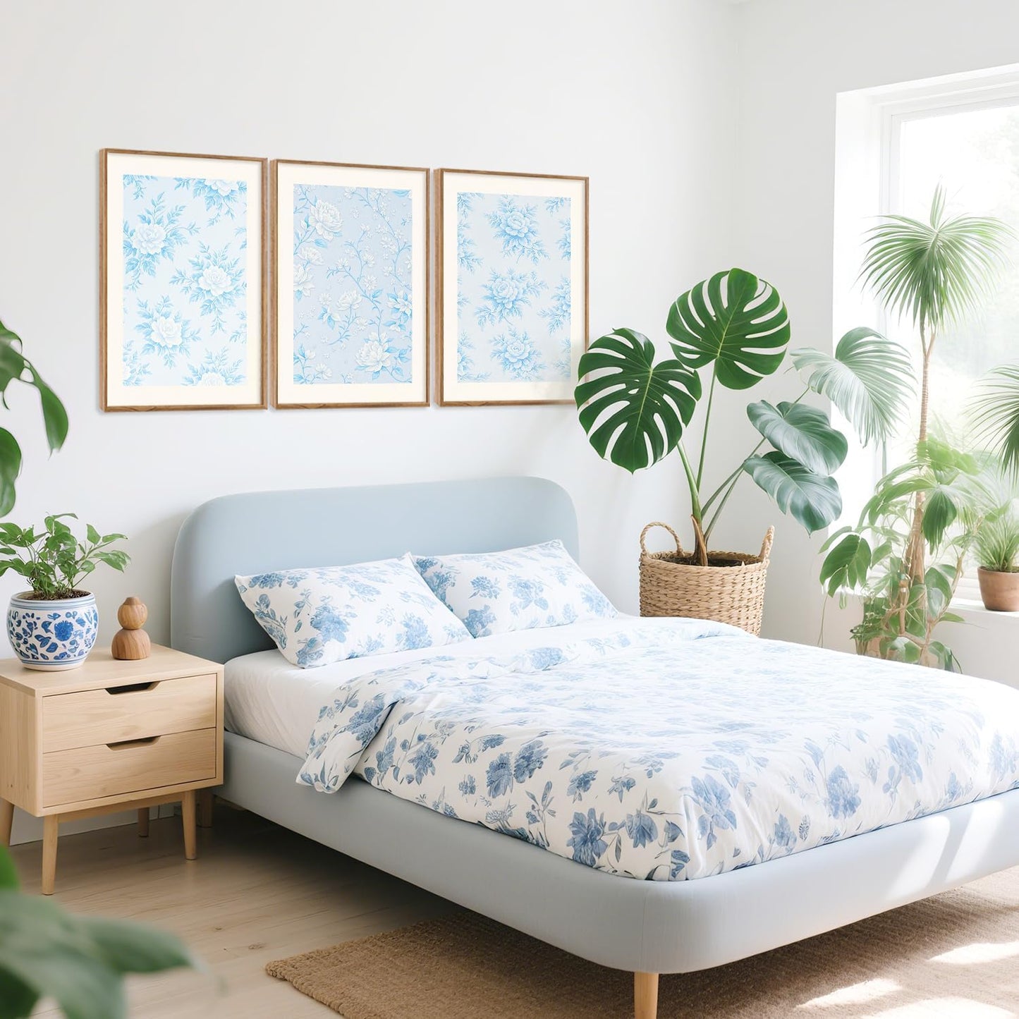 HPNIUB Large Classic Chinoiserie Floral Framed Canvas Wall Art Set, Watercolor Blue and White Flower Rose Wall Decor, Blue Minimalist Wildflower Art Print for Living Room,Bedroom,Office-16 x24 x3