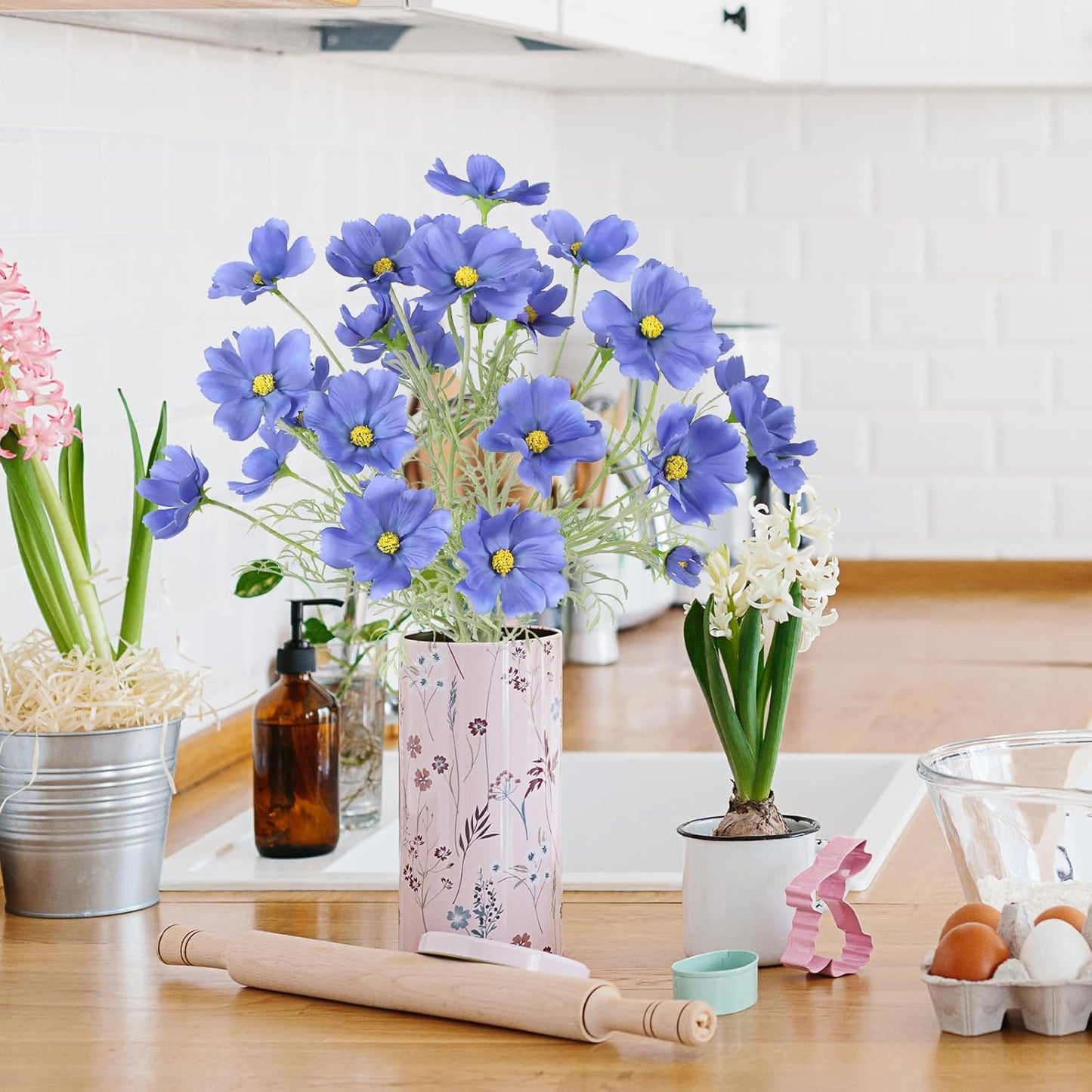 IPOPU Blue Flowers Artificial Cosmos 5PCS Fake Blue Wildflowers 24.5" Fake Daisies for Home Decor Indoor Faux Wild Flowers for Floral Arrangements Wedding Centerpiece