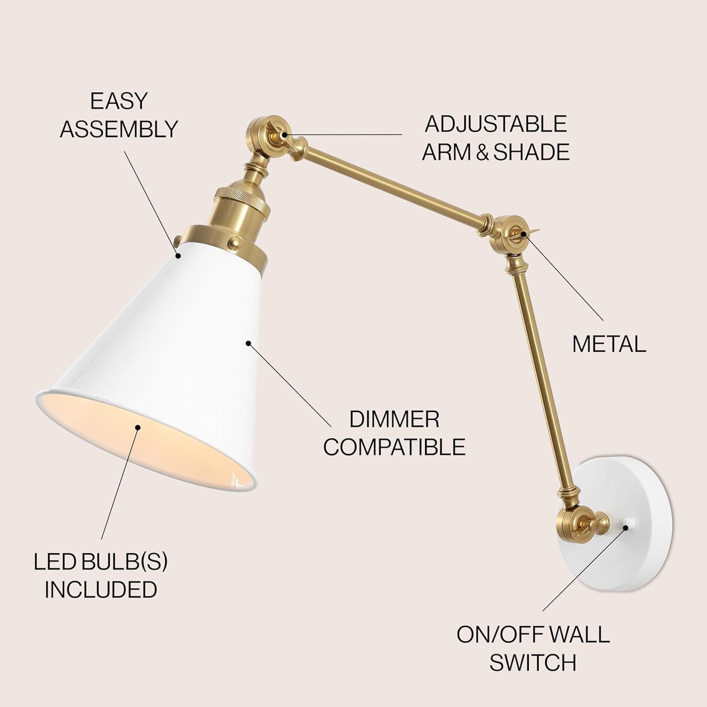 JONATHAN Y JYL7462B Rover 7" Classic Industrial Metal Adjustable Arm LED Wall Sconce, White/Brass Gold for Bedroom, Bathroom, Vanity