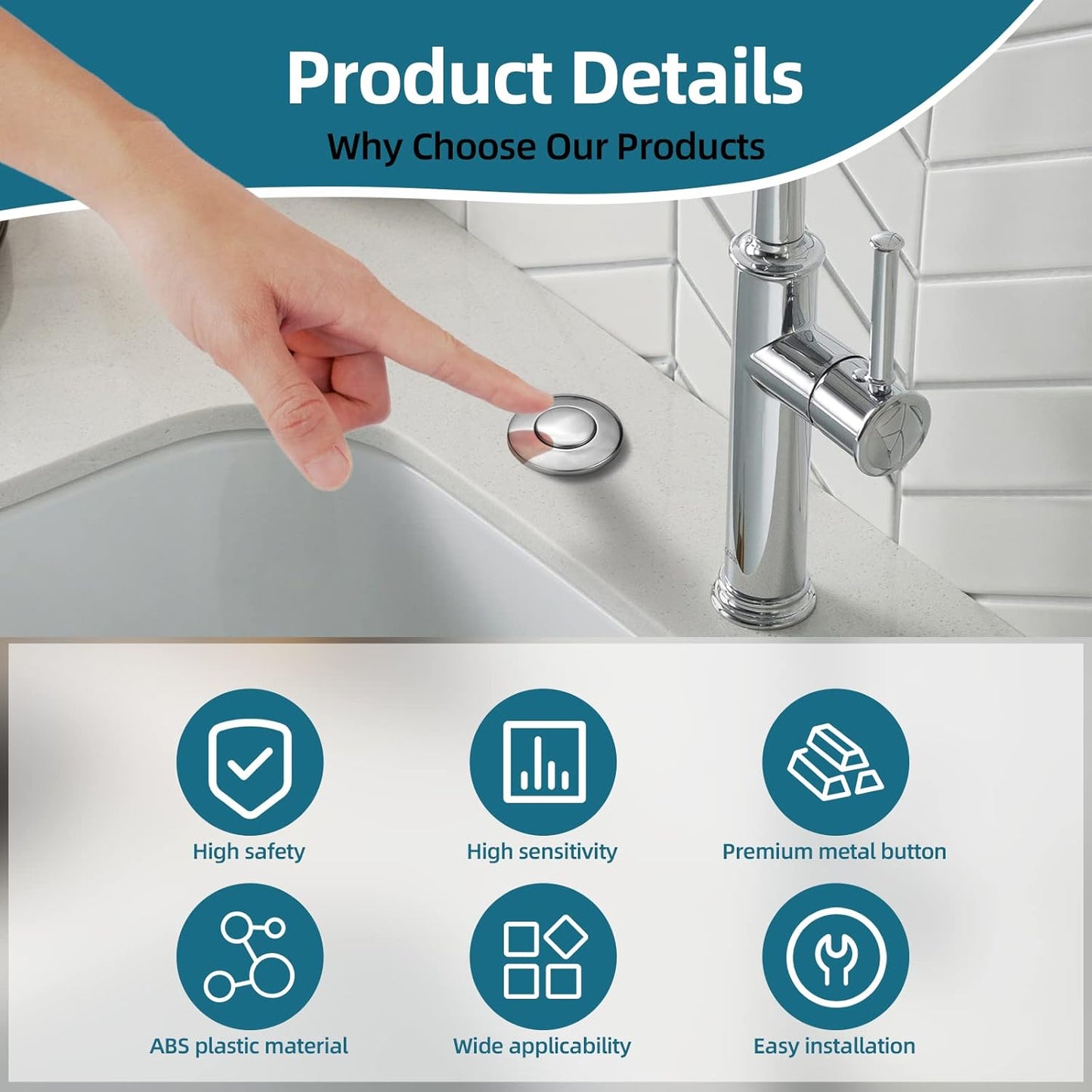 RQYEKDO Garbage Disposal 32mm/1.26 inch Air Switch Kitchen Sink Top Long Stainless Steel Polished Nickel Long for Food and Waste Disposal On/Off Air Button Parts…