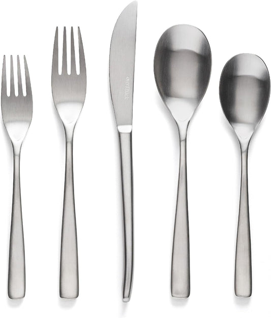 over&back 20pc Curved Flatware Cutlery Set - Comes with 4 Dinner Forks, 4 Salad Forks, 4 Dinner Knives, 4 Dinner Spoons, and 4 Teaspoons - 18/8 Stainless Steel - Dishwasher-Safe - Brushed Stainless