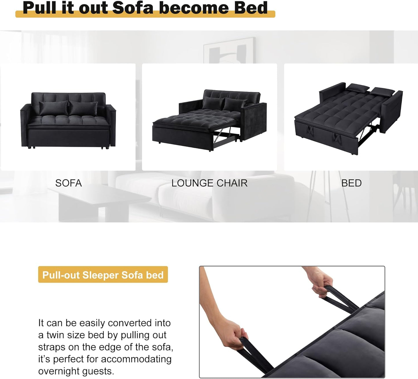 3 in 1 Convertible Sleeper Sofa Bed, Velvet Pull Out Sofas Beds with Side Pocket, 54” Adjustable Backrest Futon Sofa Bed, Love Seat Sleepers Couch for Living Room, Bedroom, Small Space, Black