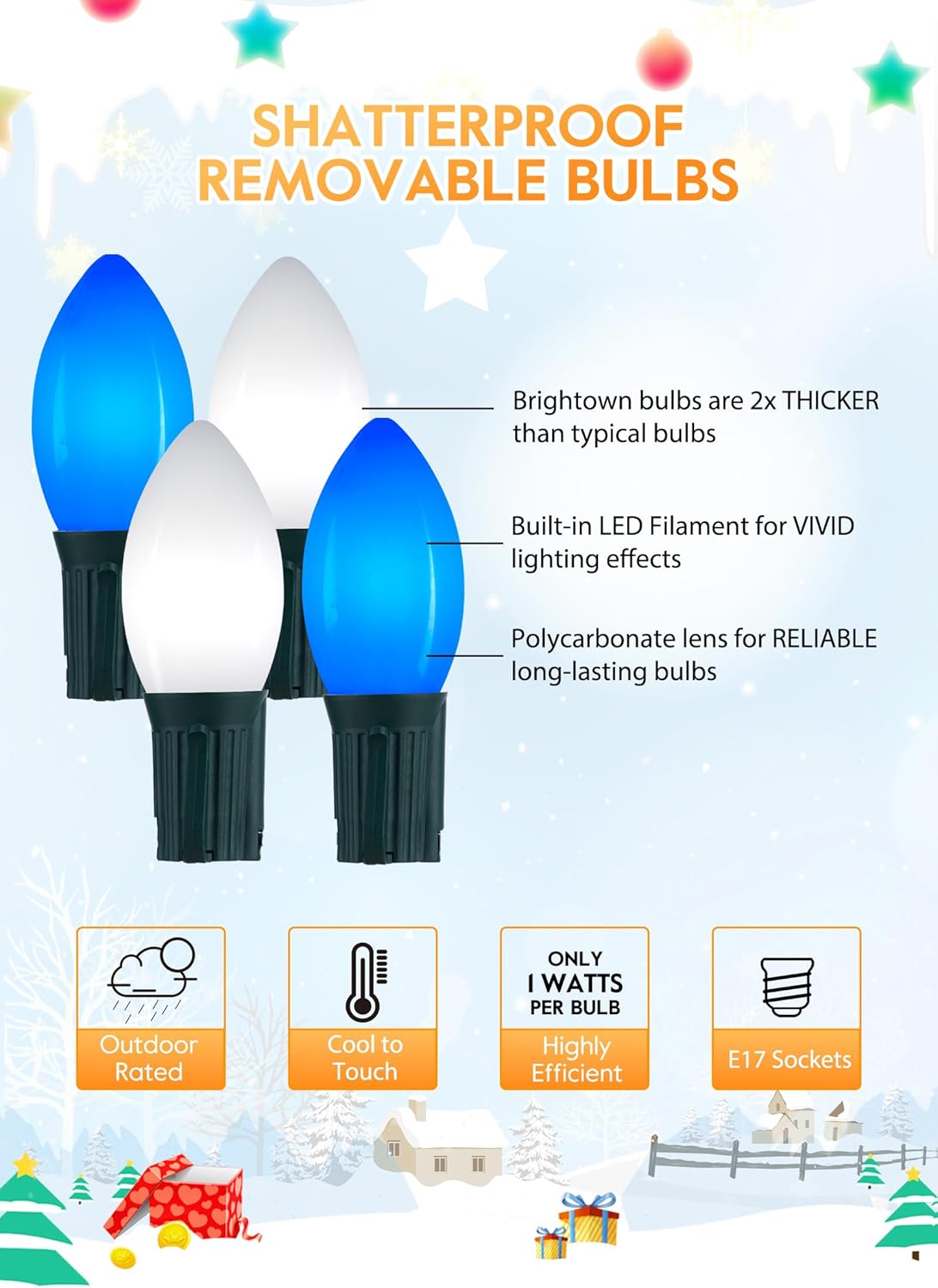 C9 LED Christmas Lights Outdoor, 50 Feet C9 String Lights with 50 Shatterproof Matte Bulbs, Connectable Waterproof Christmas Tree Lights for Holiday Roofline Backyard Garden Decor, Blue & Pure White