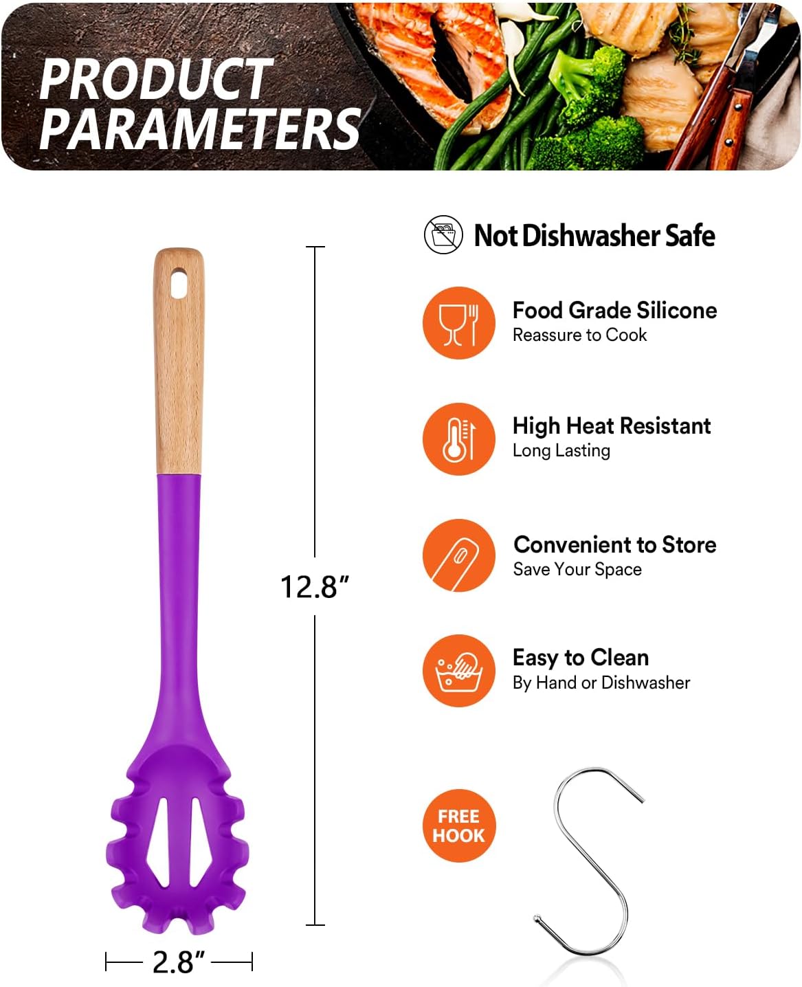 Silicone Pasta Fork, Kitchen Heat Resistant Noodle Spoon Server, BPA Free Spaghetti Strainer,12.8 inch (BERRY)