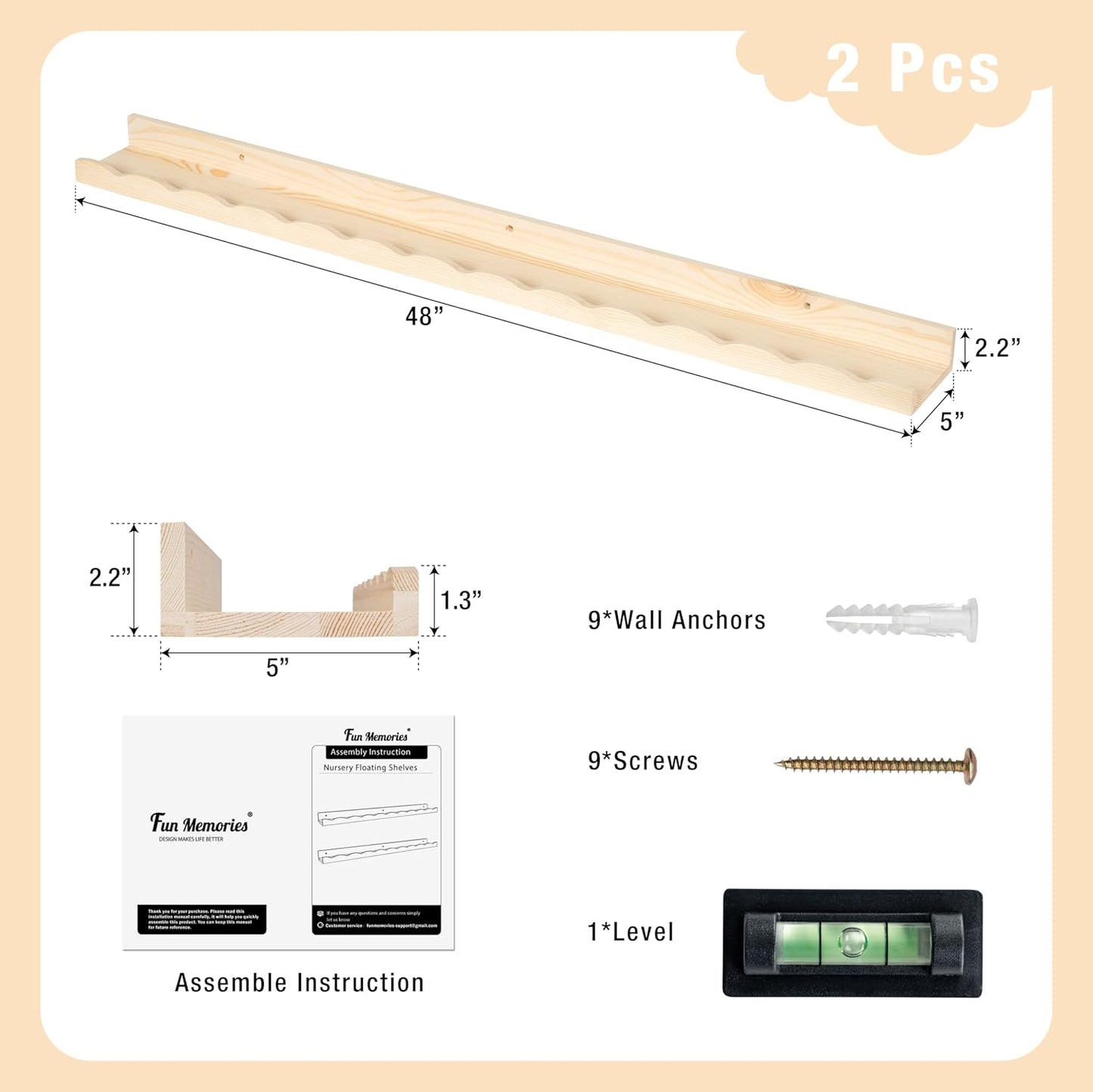 Fun Memories Picture Ledge Shelf for Wall, 48 inch Pine Wood Nursery Book Shelves Set of 2- Wall Book Shelves for Kids Room, Home Decor - Kitchen Spice-Natural