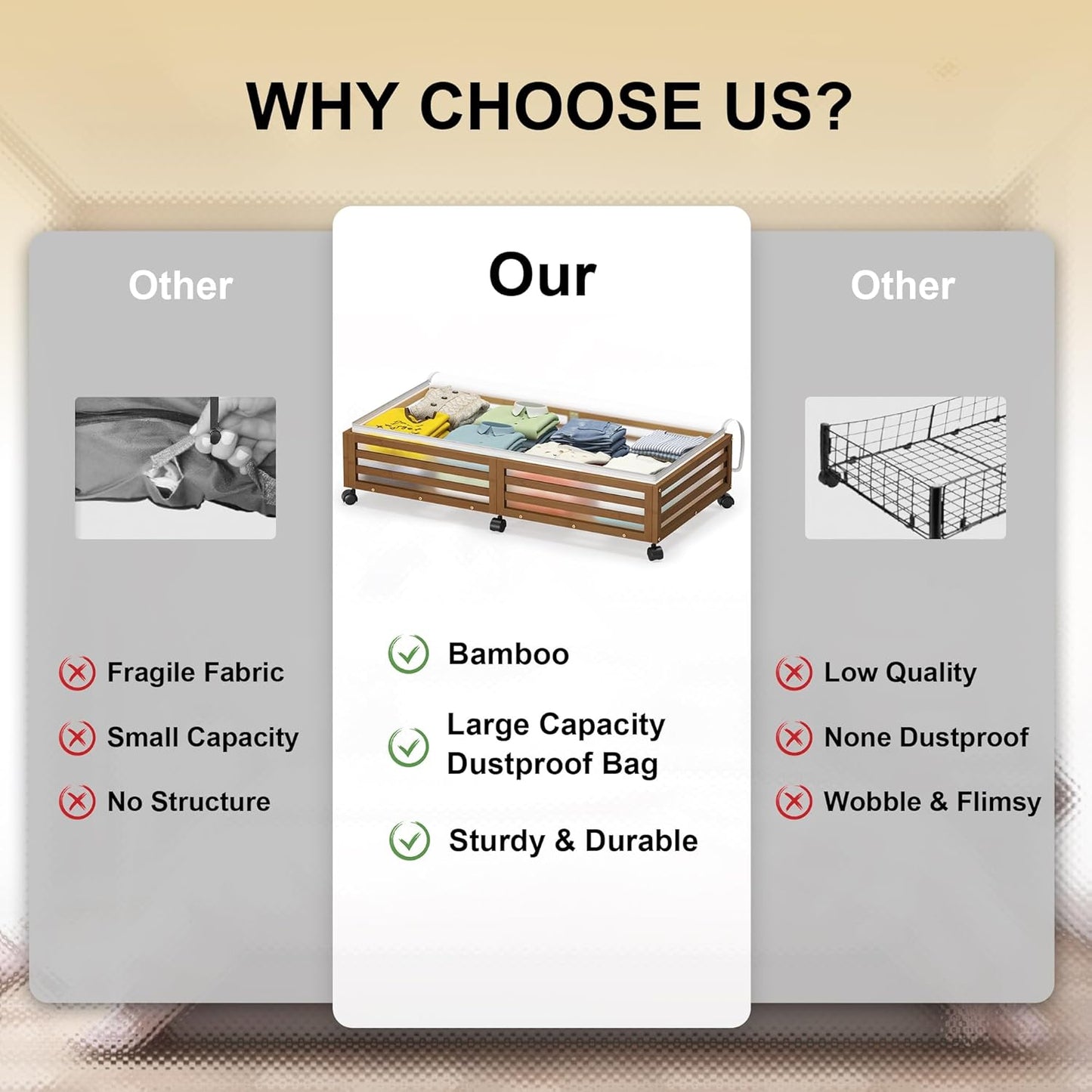 Under Bed Storage Containers With Wheels - 2 Pcs Large Bamboo Wood Rolling Underbed Shoe Storage Bins With Dust Bags for Clothes Blankets, Duvet Covers Snacks Toys (Walnut)