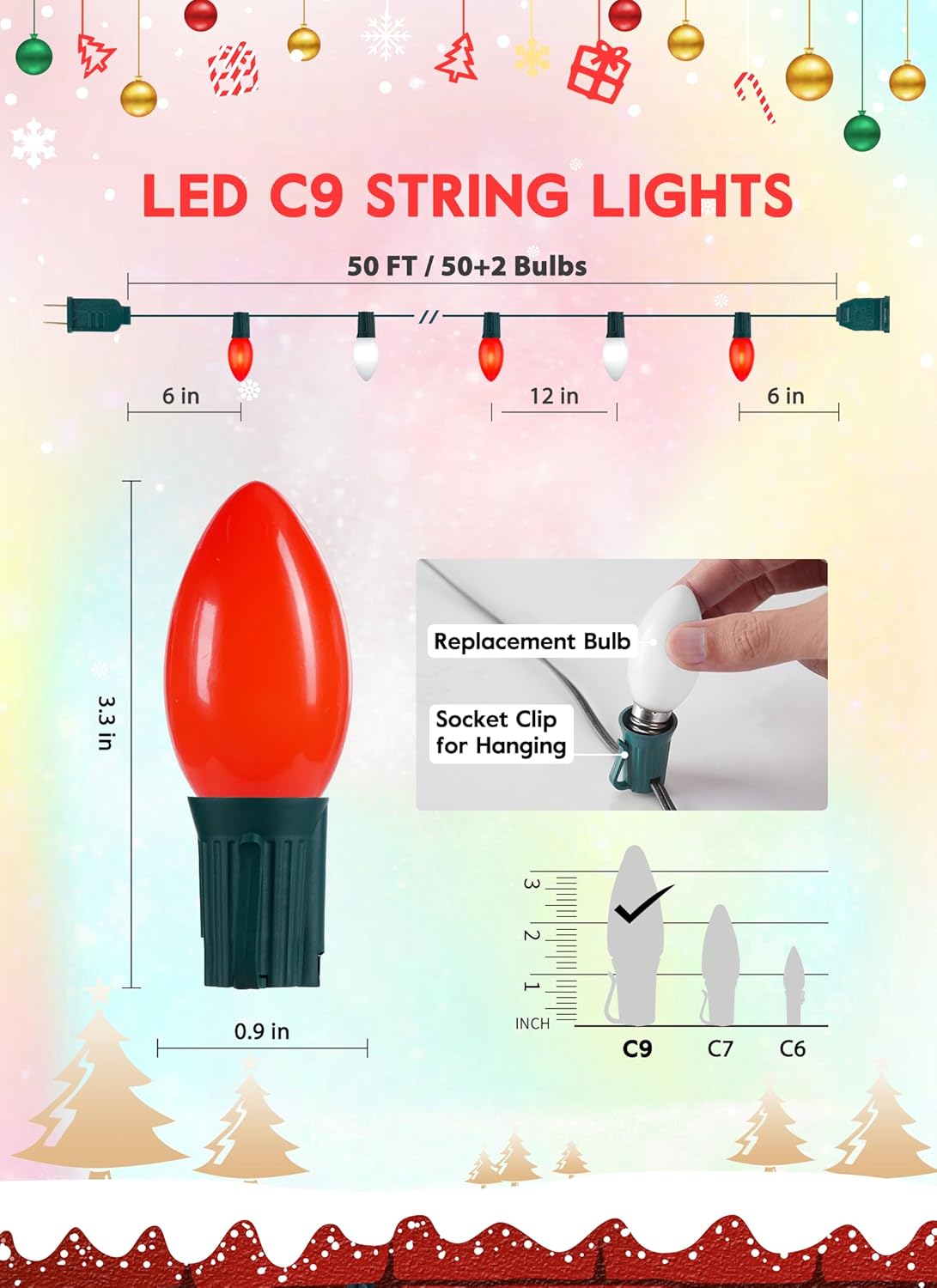 C9 LED Christmas Lights Outdoor, 50 Feet String with 50 Shatterproof Matte Bulbs, Connectable Waterproof Tree Lights for Holiday Roofline Backyard Garden Decor, Red & Pure White