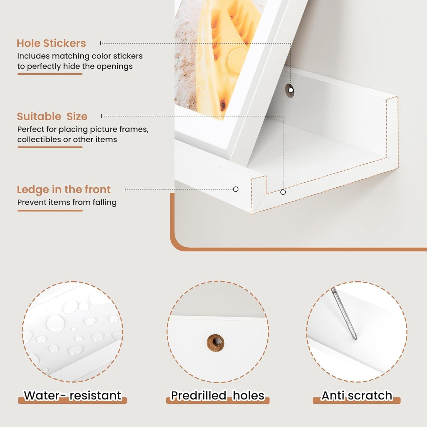 Fun Memories Picture Ledge Shelves Set of 2, 36 Inch Rustic Wall Mounted Floating Shelves with Lip for Home Storage and Décor in Bathroom, Kitchen, Nursery, Bedroom, Living Room, White