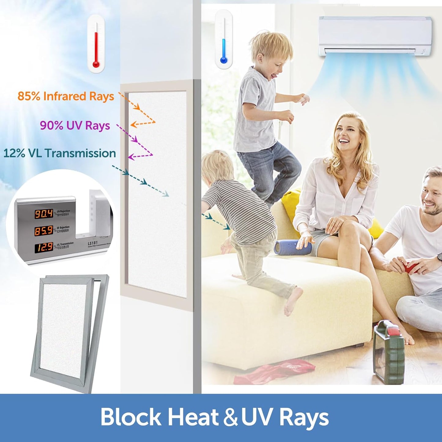 HIDBEA Frosted Window Privacy Film - Non Adhesive Static Cling Glass Stickers Sun UV Blocking Heat Control Door Covering Decals for Home Office, 45.3 x 157.5 Inch