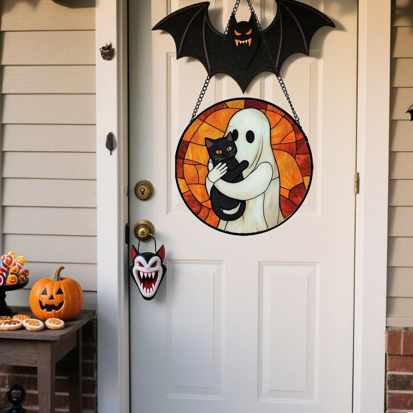 Stained Glass Window Hanging - Halloween Decorations White Ghost Black Cat Suncatcher for Doors Garden Spooky Funny Orange Sun Catchers Gothic Decor Horror Gifts for Women Men Friend 15 in