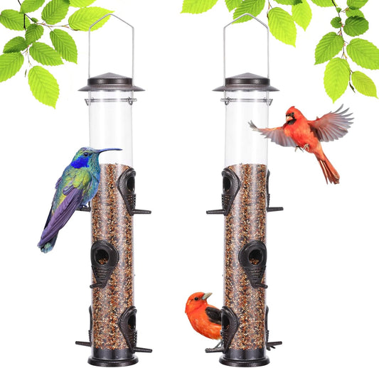 MIXXIDEA 2PK Metal Wild Bird Feeder Squirrel Proof Bird Feeders for Outside Hanging 6 Port Tube Bird Feeder Transparent Finch Feeder with Steel Hanger (Coffee)