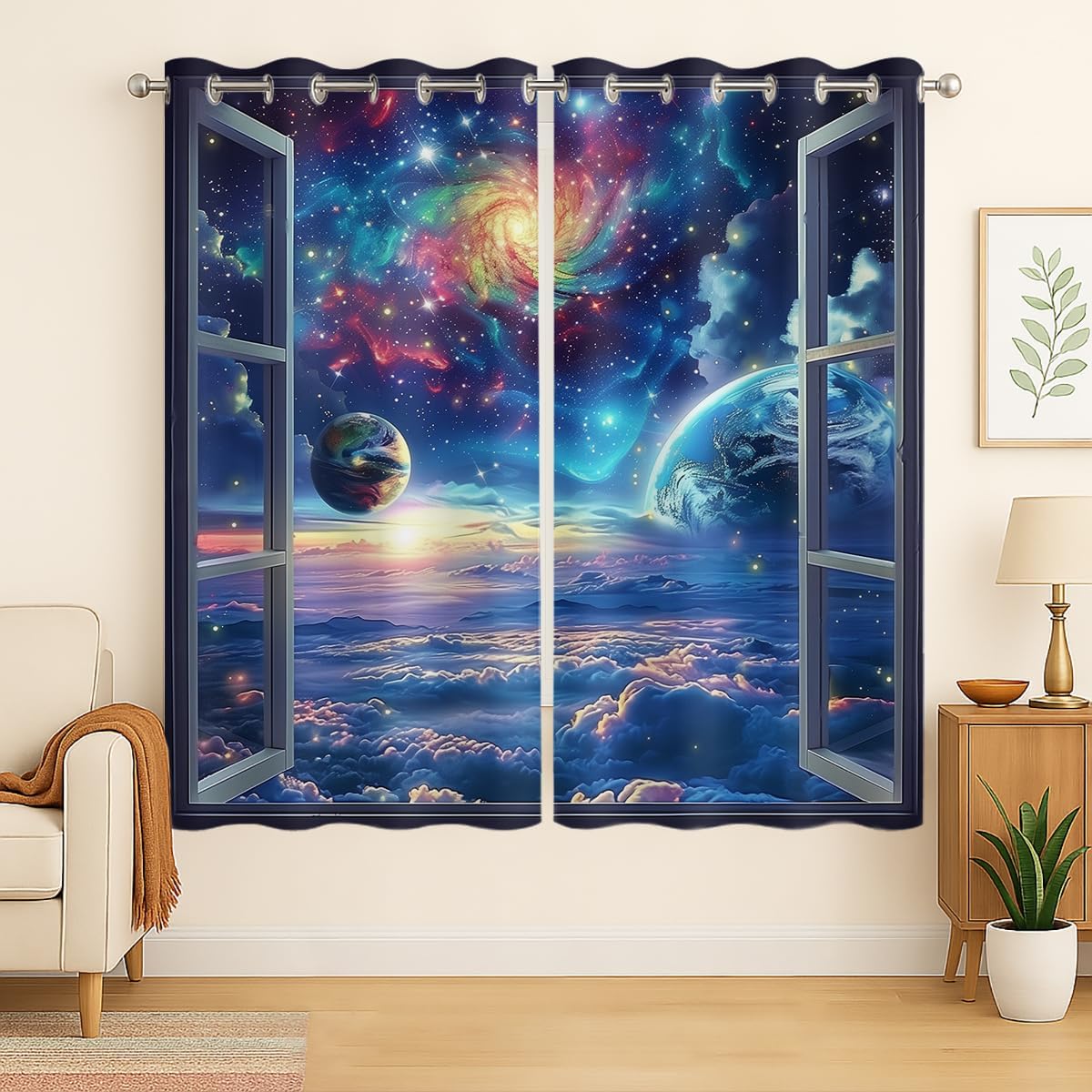 Space Galaxy Blackout Curtains for Girls Boys Kids Home Decor, Universe Nebula Galaxies Solar Planet Grommet Thermal Insulated Drapes Darkening Window Curtain for Bedroom Living Room, 42 x 63 Inch