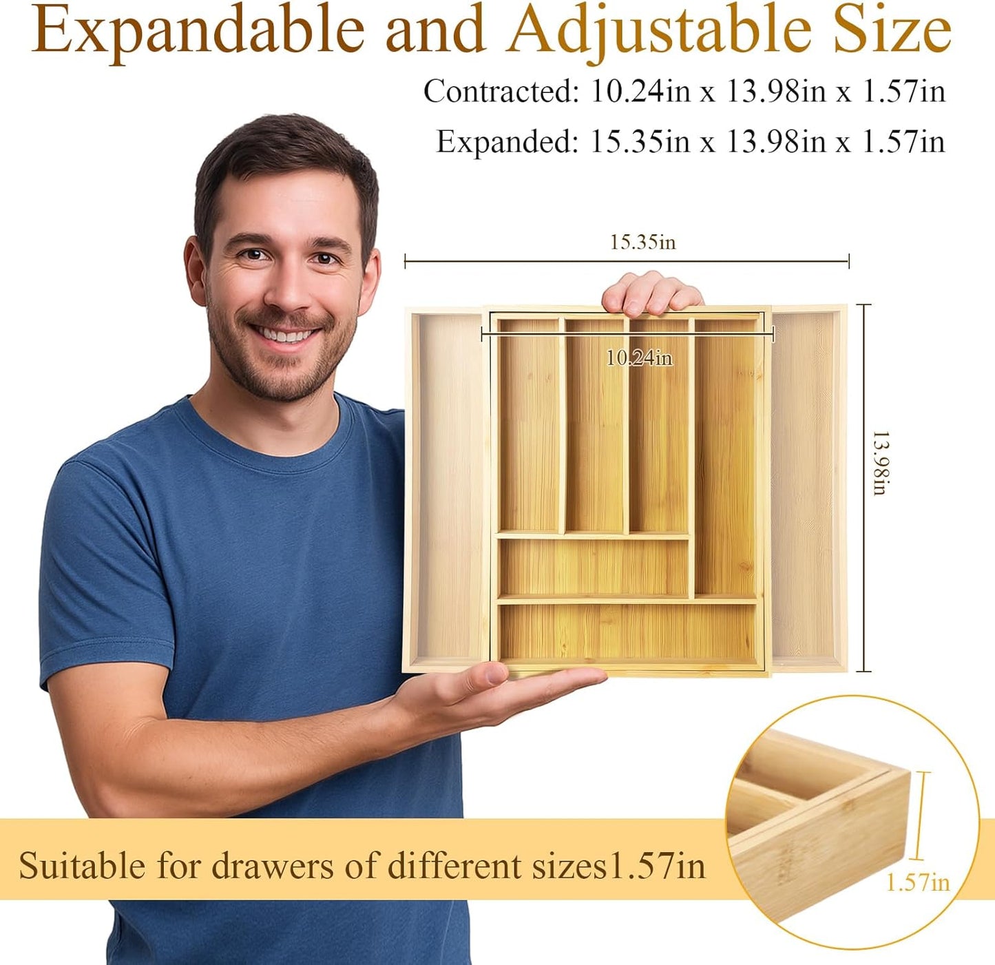 7 Pcs Adjustable Bamboo Drawer Dividers Expandable Drawer Organizers Cutlery Tray Spring Separators Organization for Kitchen Bedroom Bathroom Dresser Office