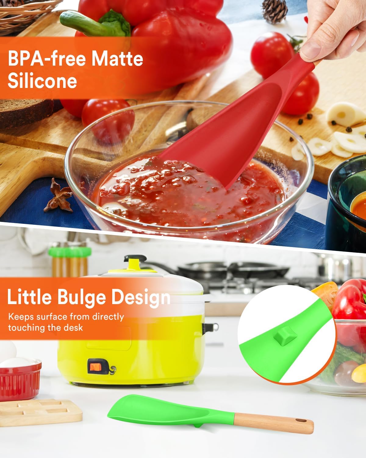 Cooking Spoon for Nonstick Cookwares, Great for Cooking and Serving Sturdy BPA-Free Matte Silicone, Wood Handle Spoon for Mixing, Scoop, and Scrape (AGR, 11.4 inch)