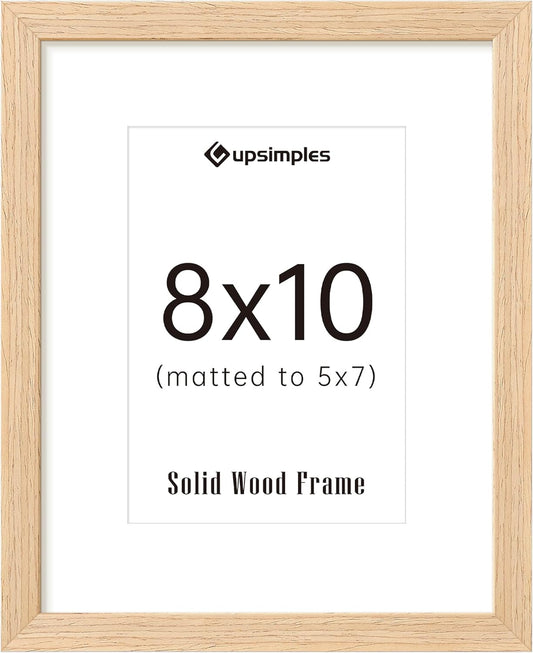 upsimples 8x10 Picture Frame, Natural Solid Wooden Picture Frames, Display 5x7 with Mat or 8 x 10 Without Mat, Wall or Tabletop, 1 Pack, Natural