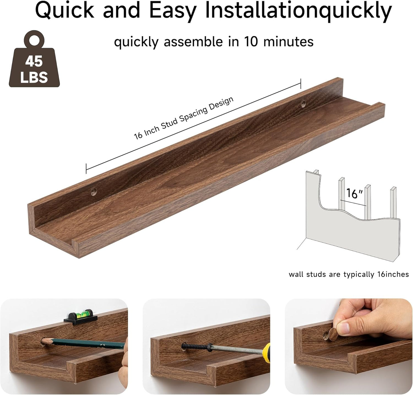 Fun Memories Picture Ledge Shelf, 24 Inch Floating Shelves Set of 2, Nursery Book Shelves for Toys Storage, Kids Bookshelf Wall Mounted for Wall Decor Books Photo Frames, Walnut