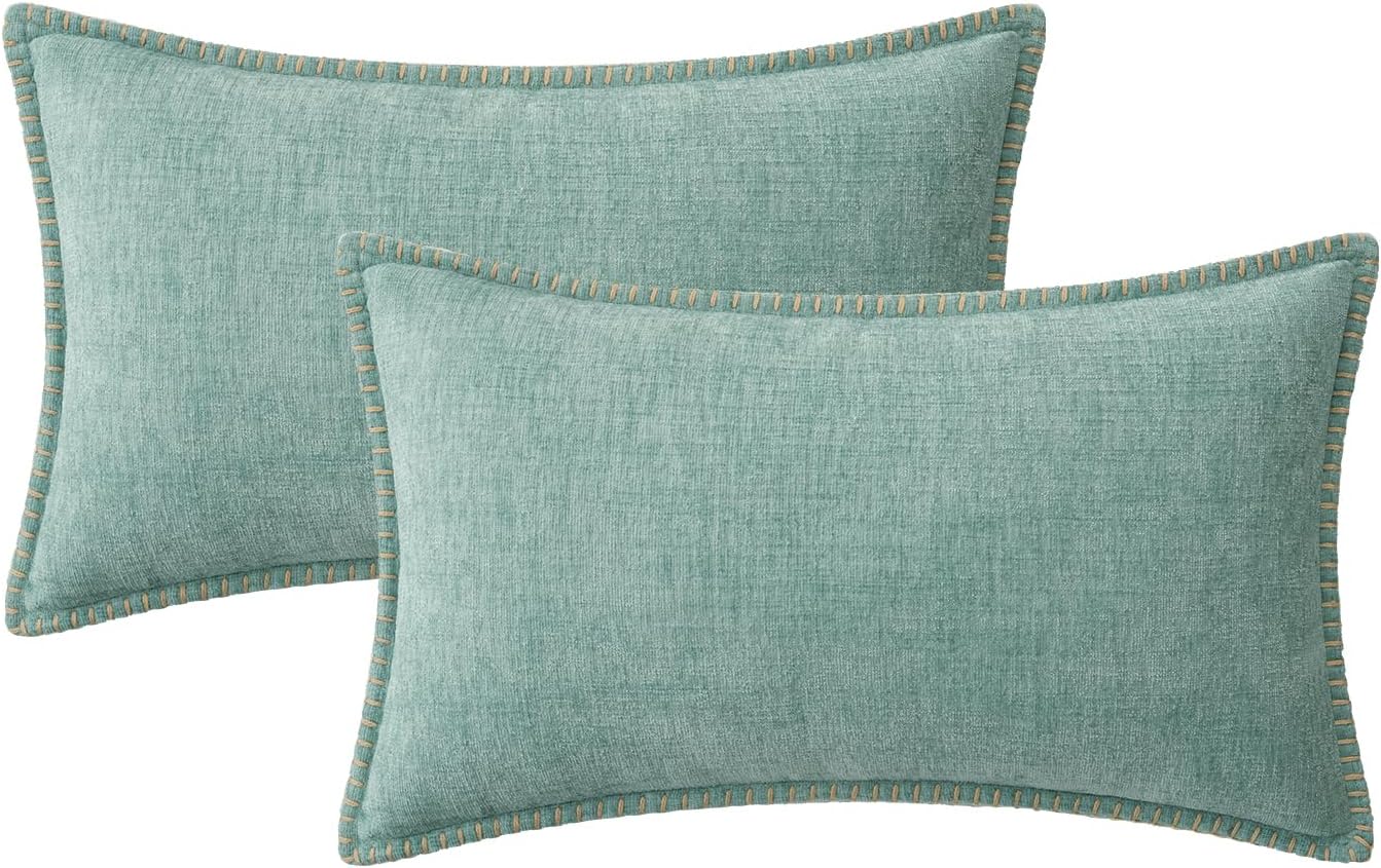 MIULEE Pack of 2 Couch Throw Pillow Covers 12x20 Inch Aqua Green Farmhouse Decorative Pillow Covers with Stitched Edge Soft Chenille Solid Dyed Spring Pillow Covers for Sofa Bed Living Room
