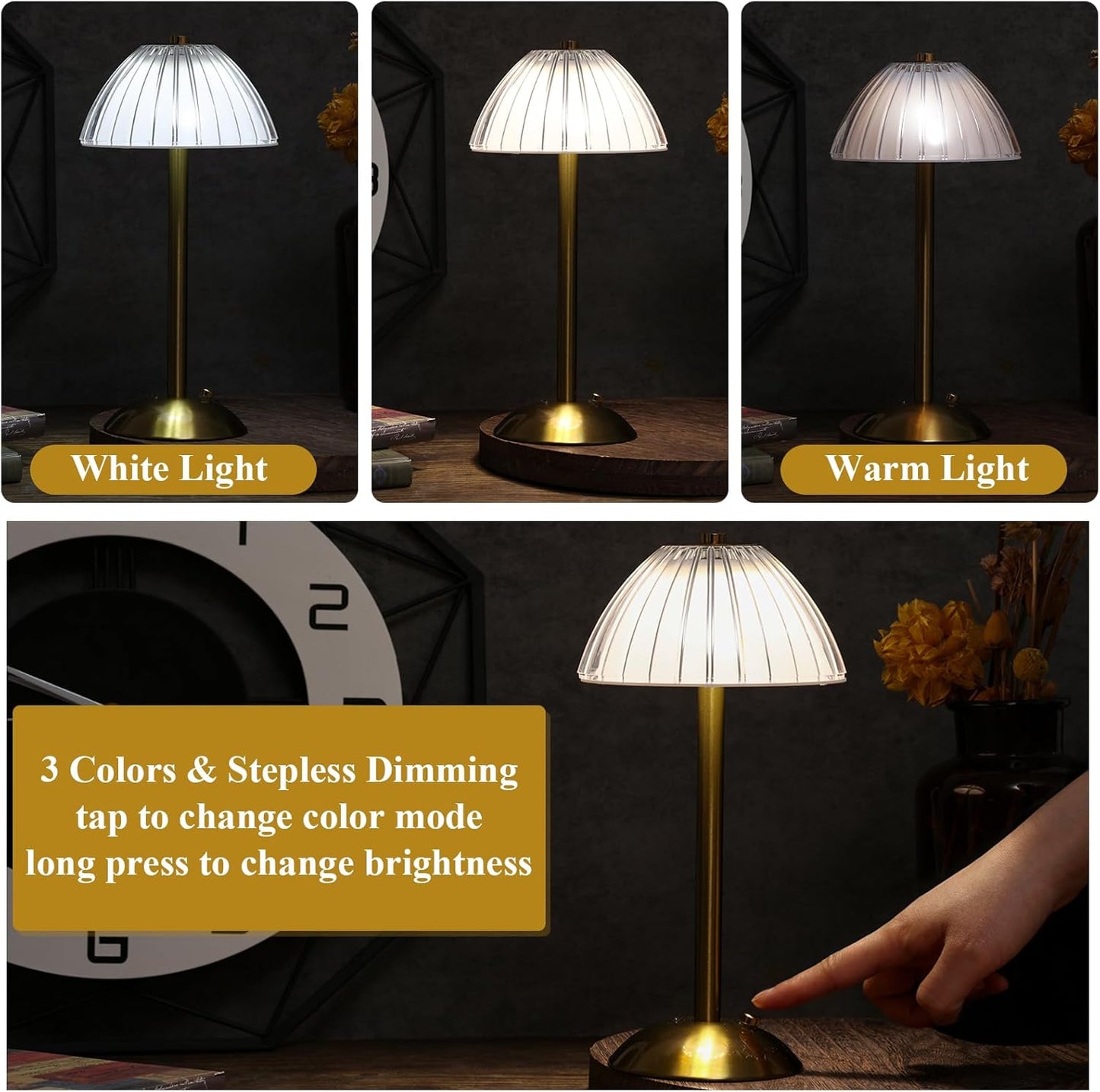 Liliful 6 Pcs LED Portable Cordless Table Lamp Touch Battery Operated Rechargeable Desk Lamp 3 Color Dimmable for Bedroom Living Room Dining (Mushroom Style,Gold)