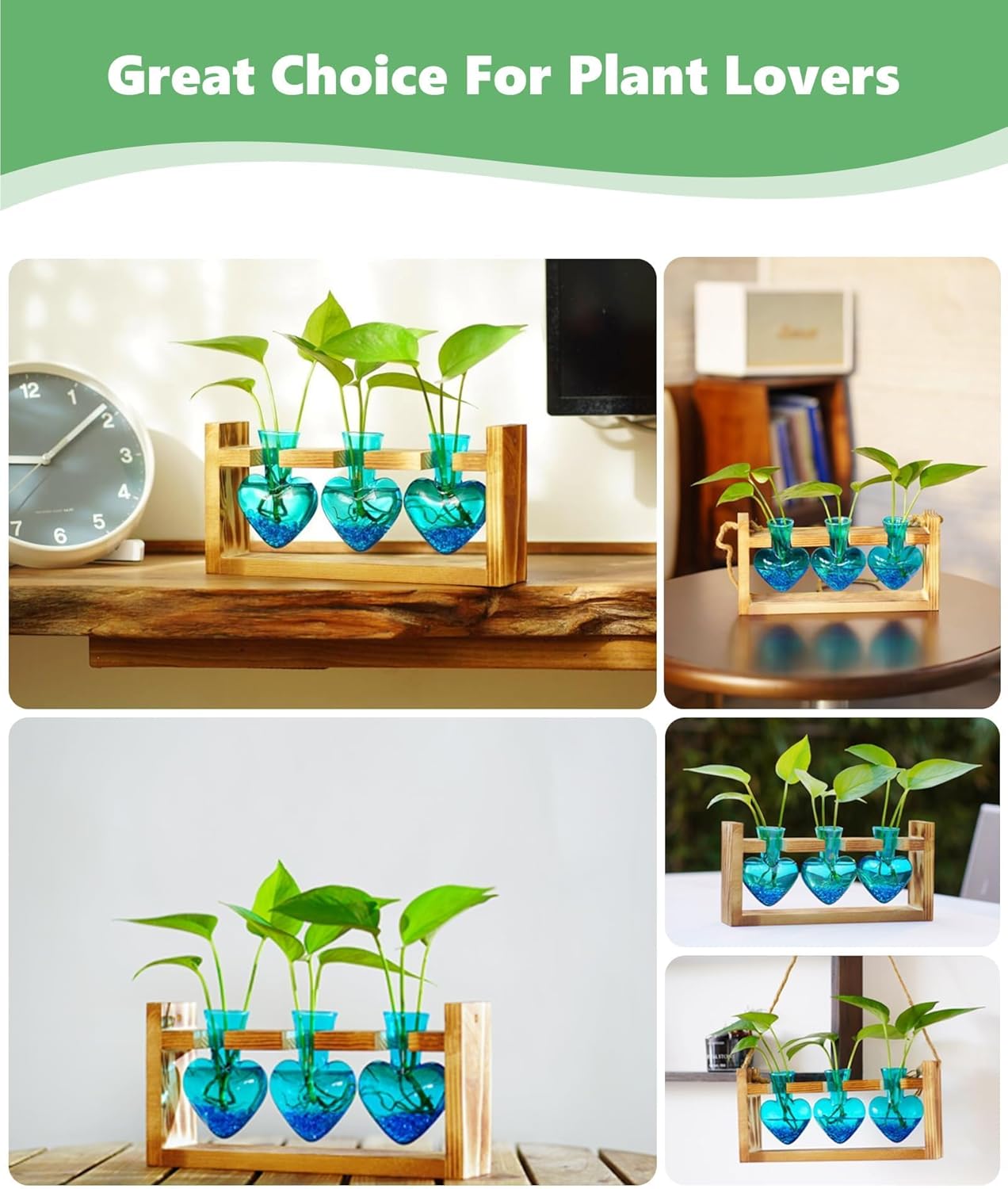 Nacome Plant Terrarium for Office Decor: Birthday Gifts for Plant Lovers Women Mom Wife - Wooden Stand Tabletop Planter 3 Bulb Glass Vase Heart Shaped for Hydroponics Indoor Home