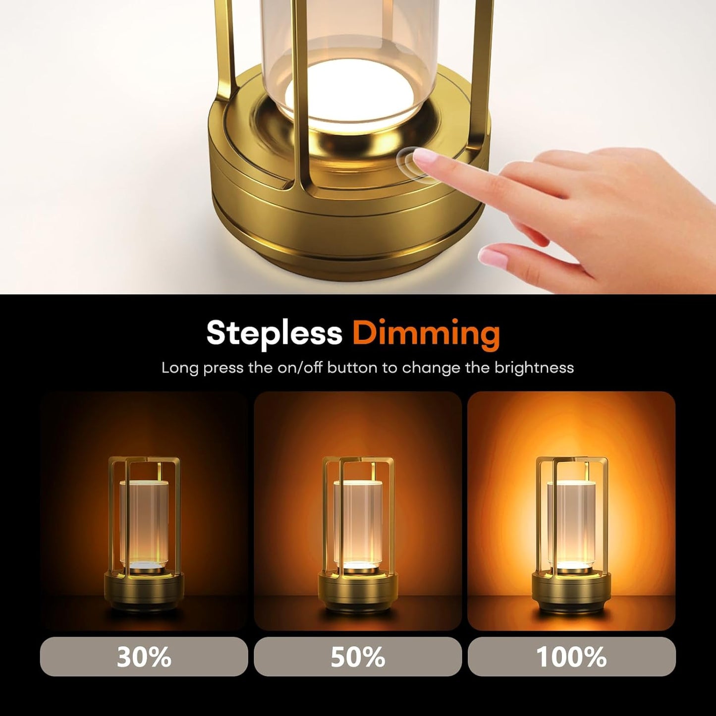 Portable Metal Table Lamp for Indoor/Outdoor ,Rechargeable Cordless LED Lamp, 3-Colour Infinitely Dimming Battery Powered Small Desk Lamp, Restaurant/Bedroom/Bar/Coffee/Camping Light (Gold Set of 2)